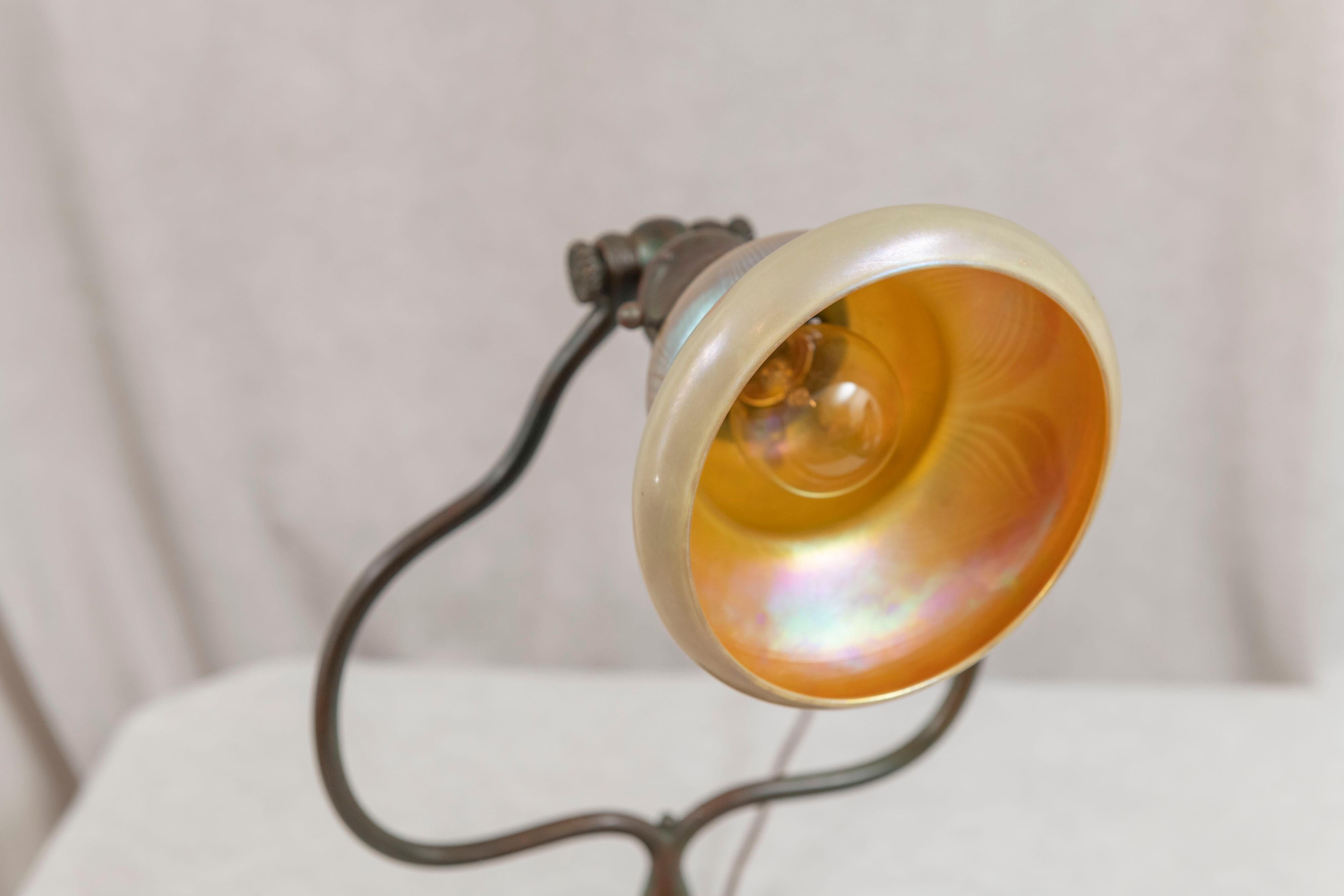 Bronze Tiffany & Co. Studios Harp Lamp W/ Pulled Feather Art Glass Shade, Ca. 1905