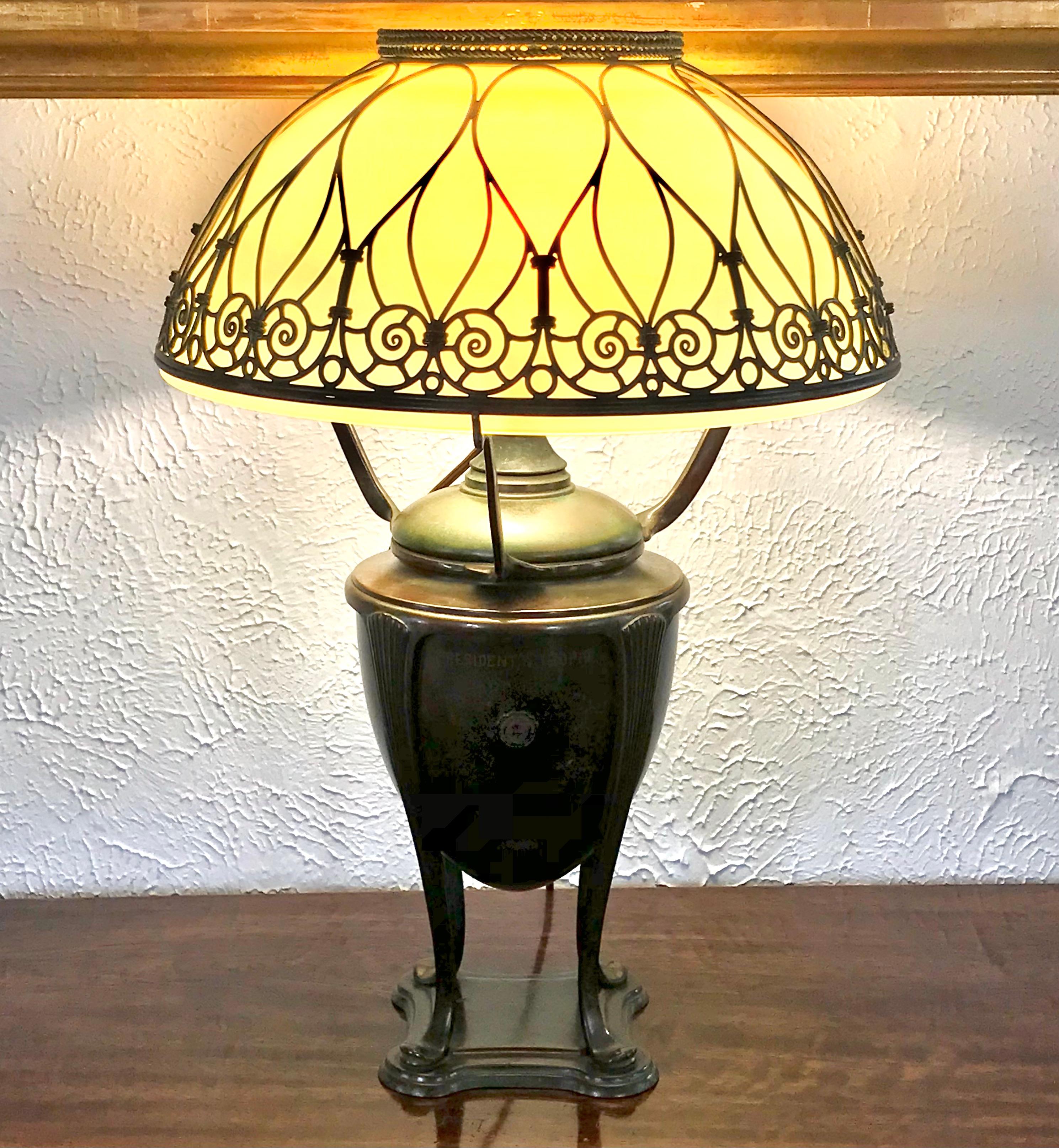 Tiffany Studios Custard Shade and Bronze Acorn Base Historic Golf Trophy for Horace Rawlings: The First U.S. Open Chanpion.

Tiffany Studios New York 6818 Bronze Kerosene Acorn Lamp Base  Base is electrified with period correct GE Padle and socket.