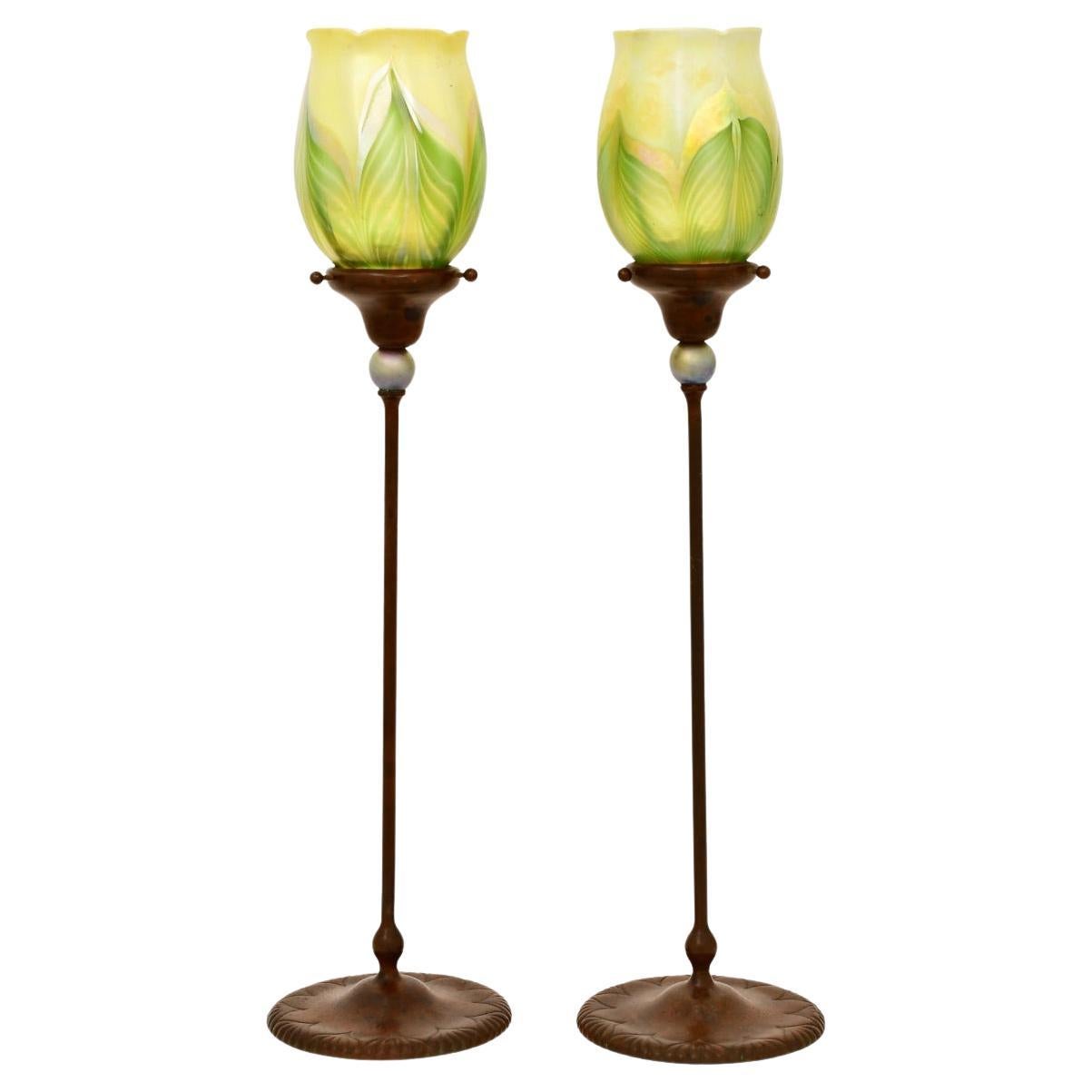 Tiffany Studios "Jeweled" Candlestick / Pulled Feather Favrile Shades