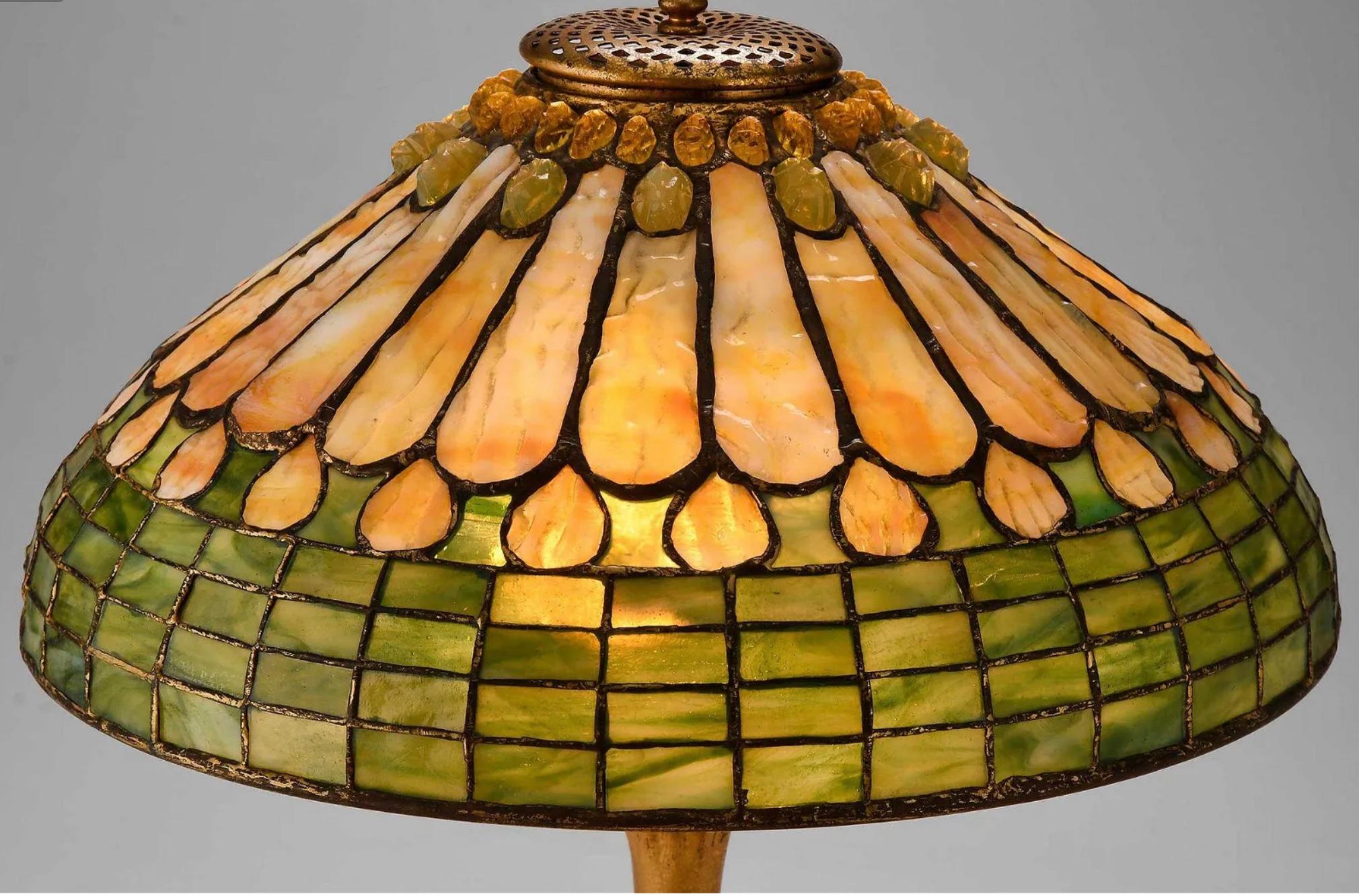 Cast Tiffany Studios Jeweled Feather Table Lamp. For Sale