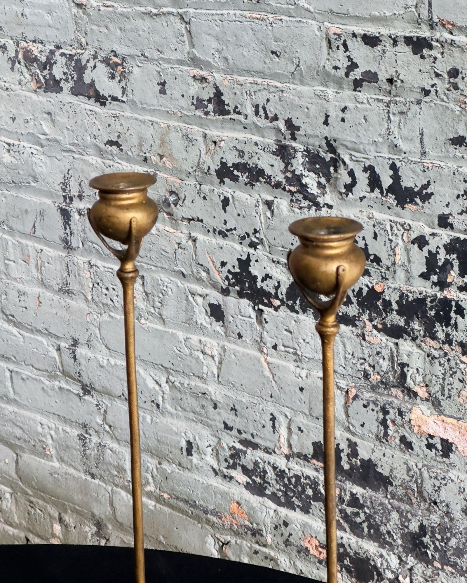 Tiffany Studios New York 1213 Gilt Bronze Candlesticks In Good Condition For Sale In Chicago, IL