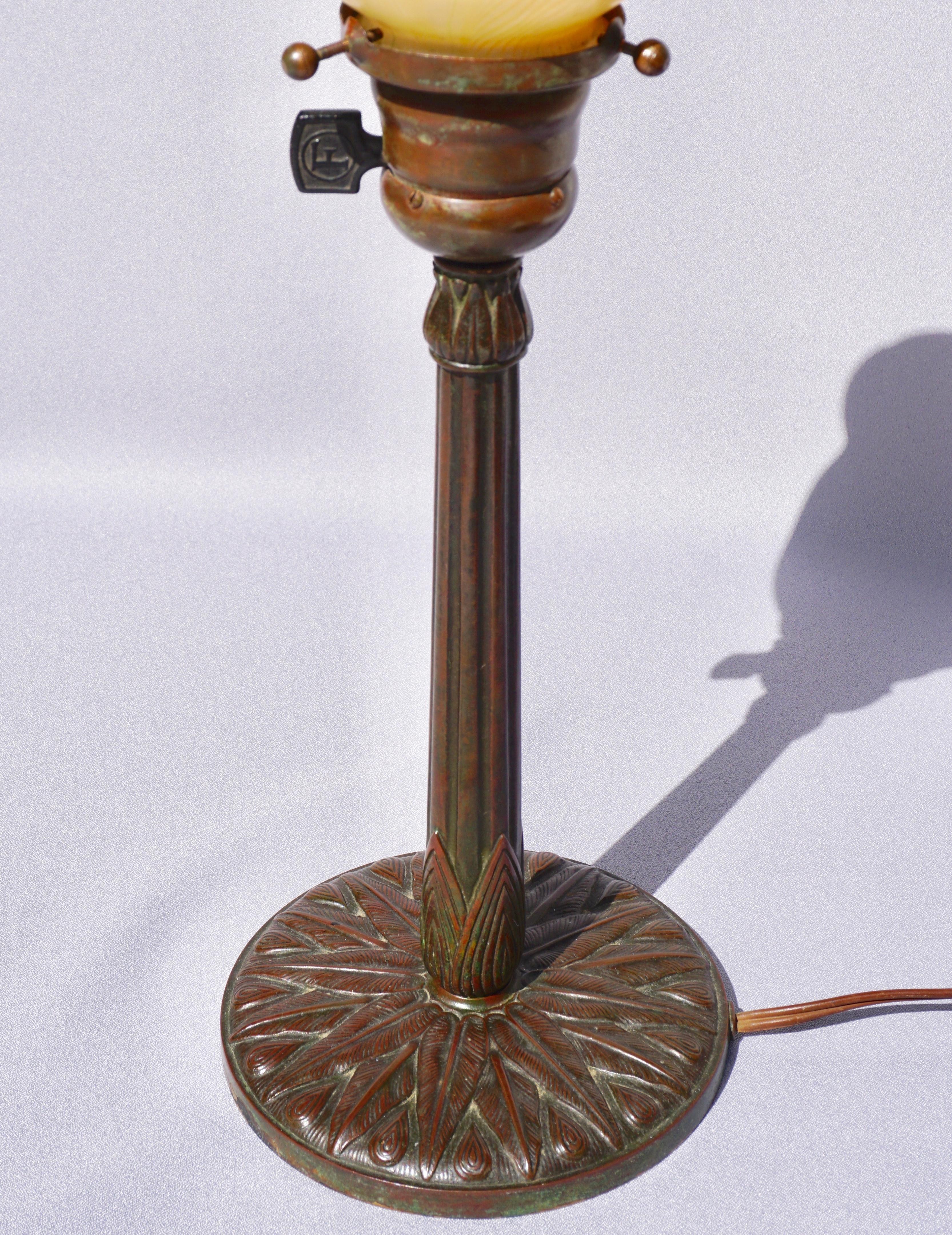 Cast Tiffany Studios New York 626 Bronze and Favrile Feather Pulled Lamp