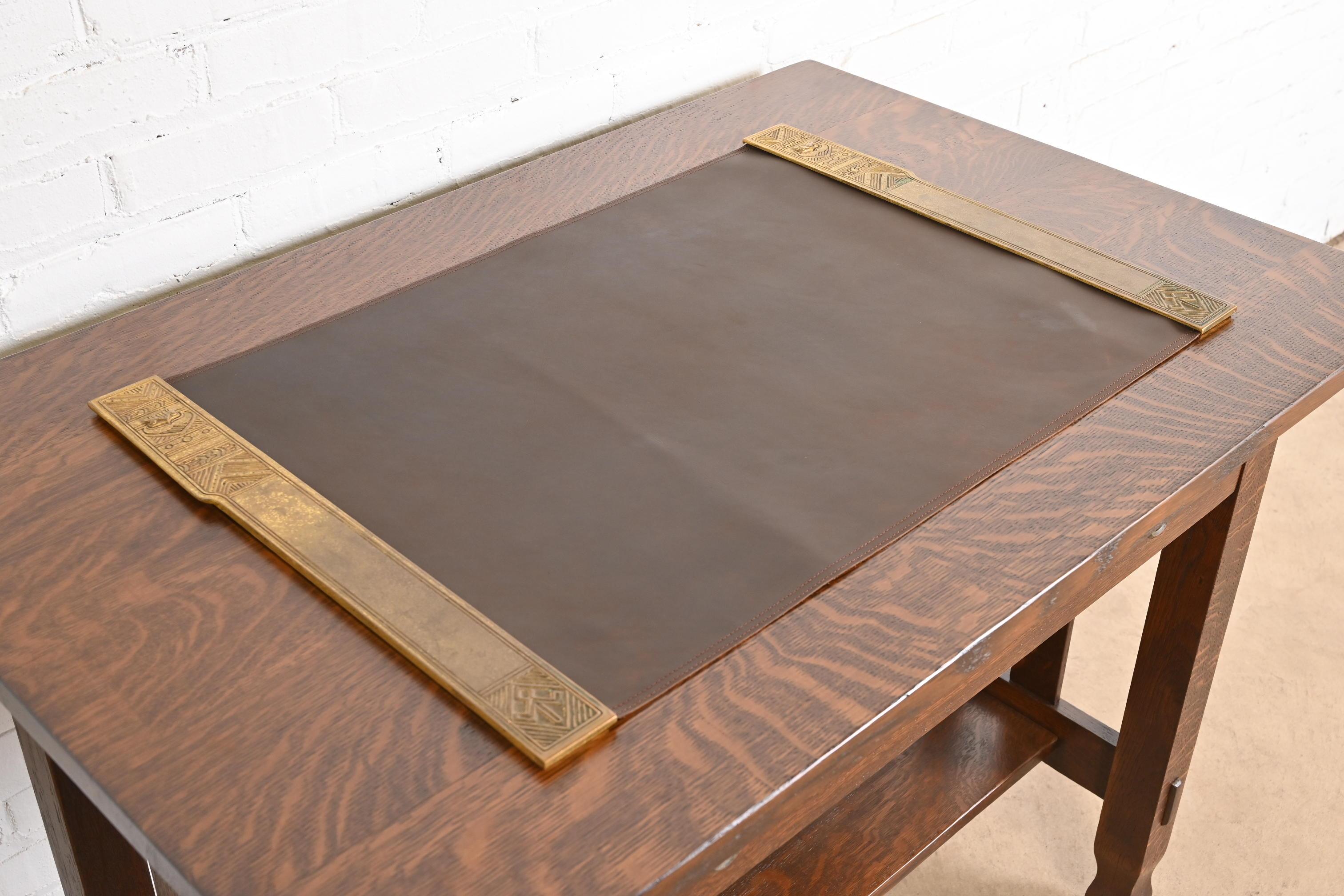 Arts and Crafts Tiffany Studios New York American Indian Bronze Blotter Ends & Leather Desk Pad For Sale