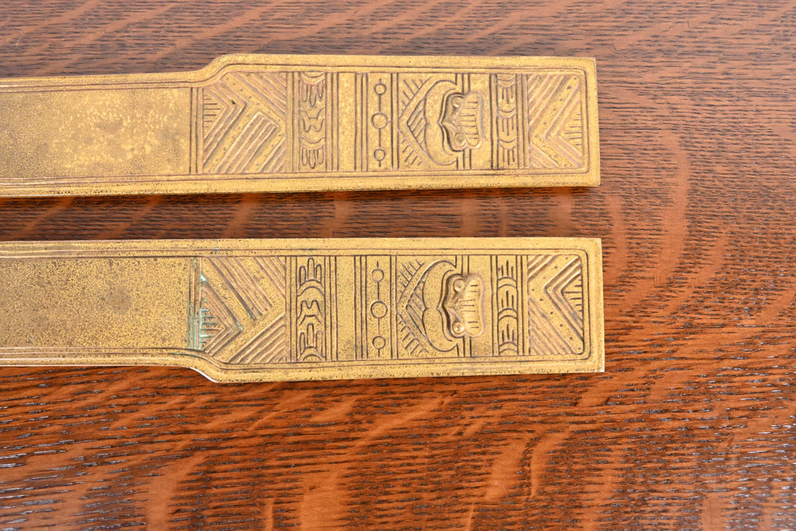 Tiffany Studios New York American Indian Bronze Blotter Ends & Leather Desk Pad For Sale 1