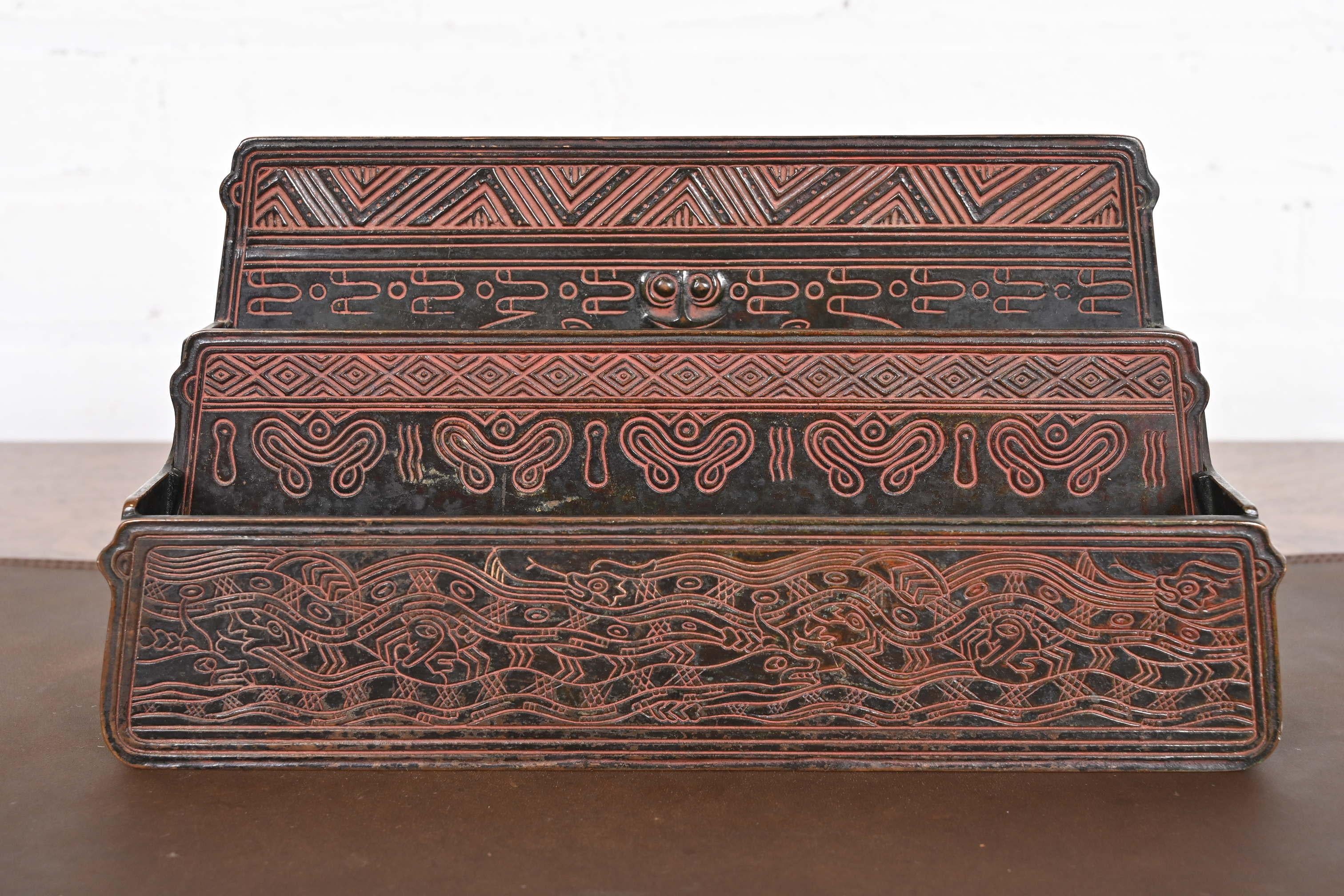 Arts and Crafts Tiffany Studios New York American Indian Patinated Bronze Letter Rack