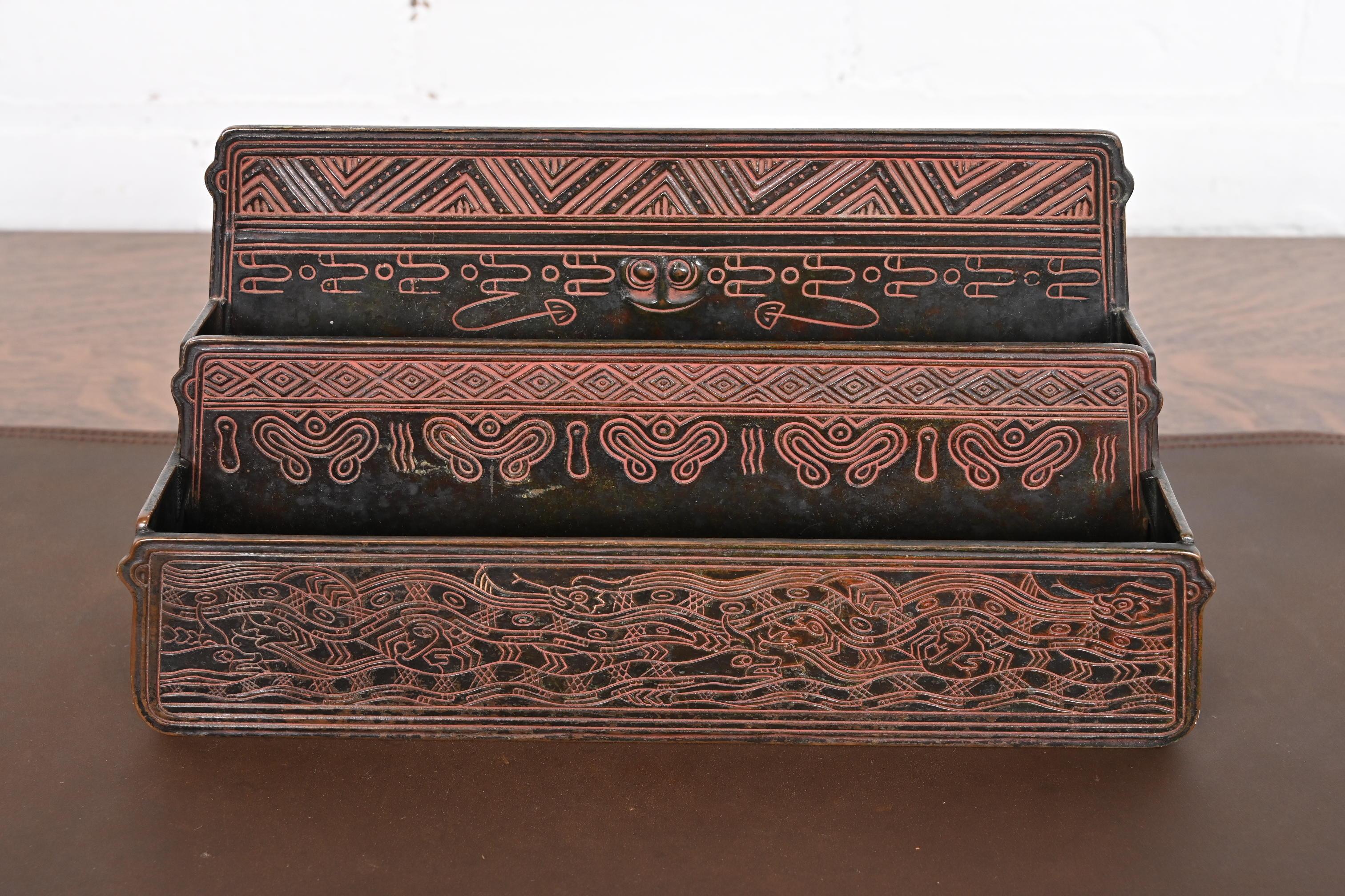 Tiffany Studios New York American Indian Patinated Bronze Letter Rack In Good Condition In South Bend, IN