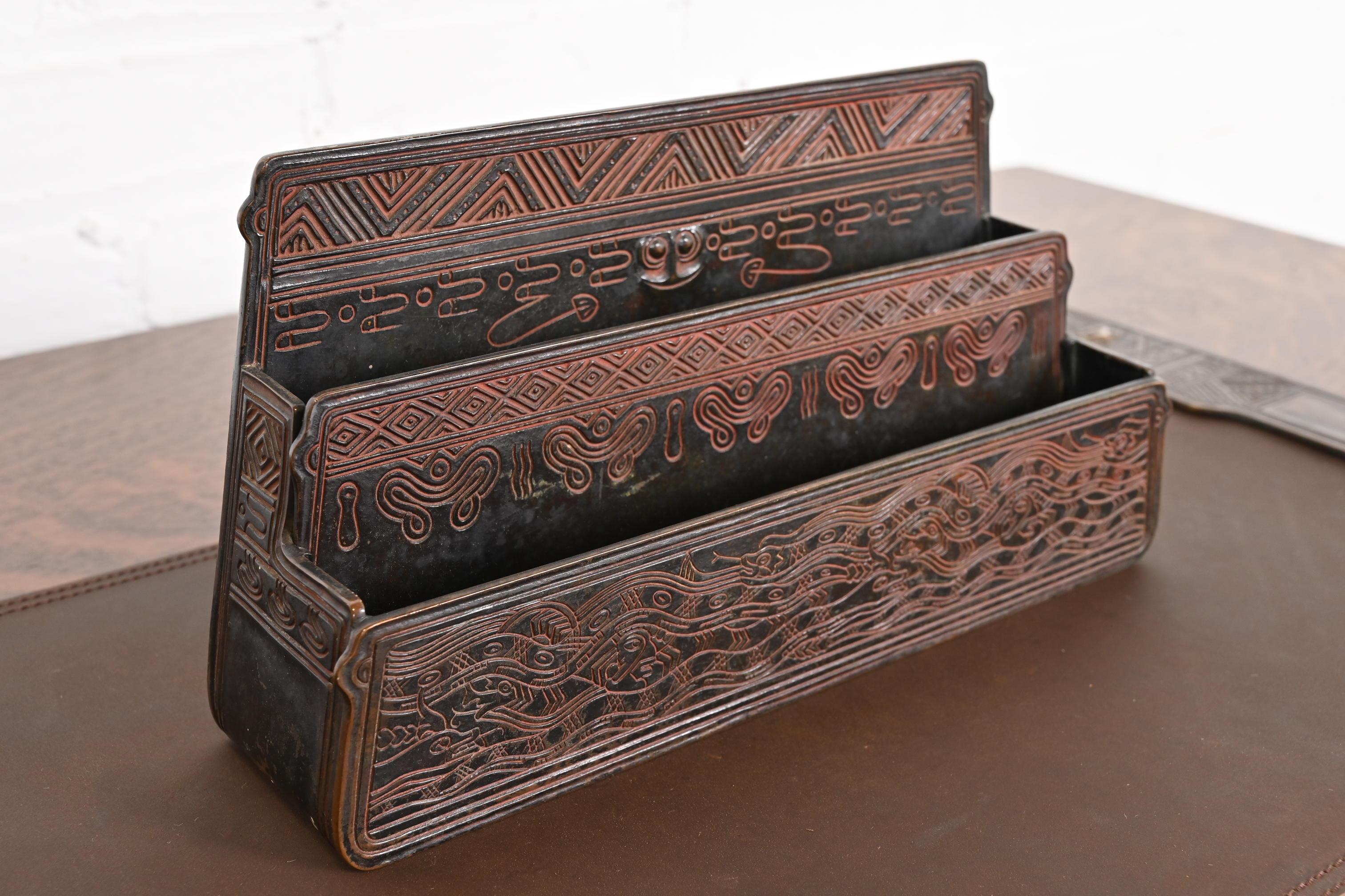 20th Century Tiffany Studios New York American Indian Patinated Bronze Letter Rack
