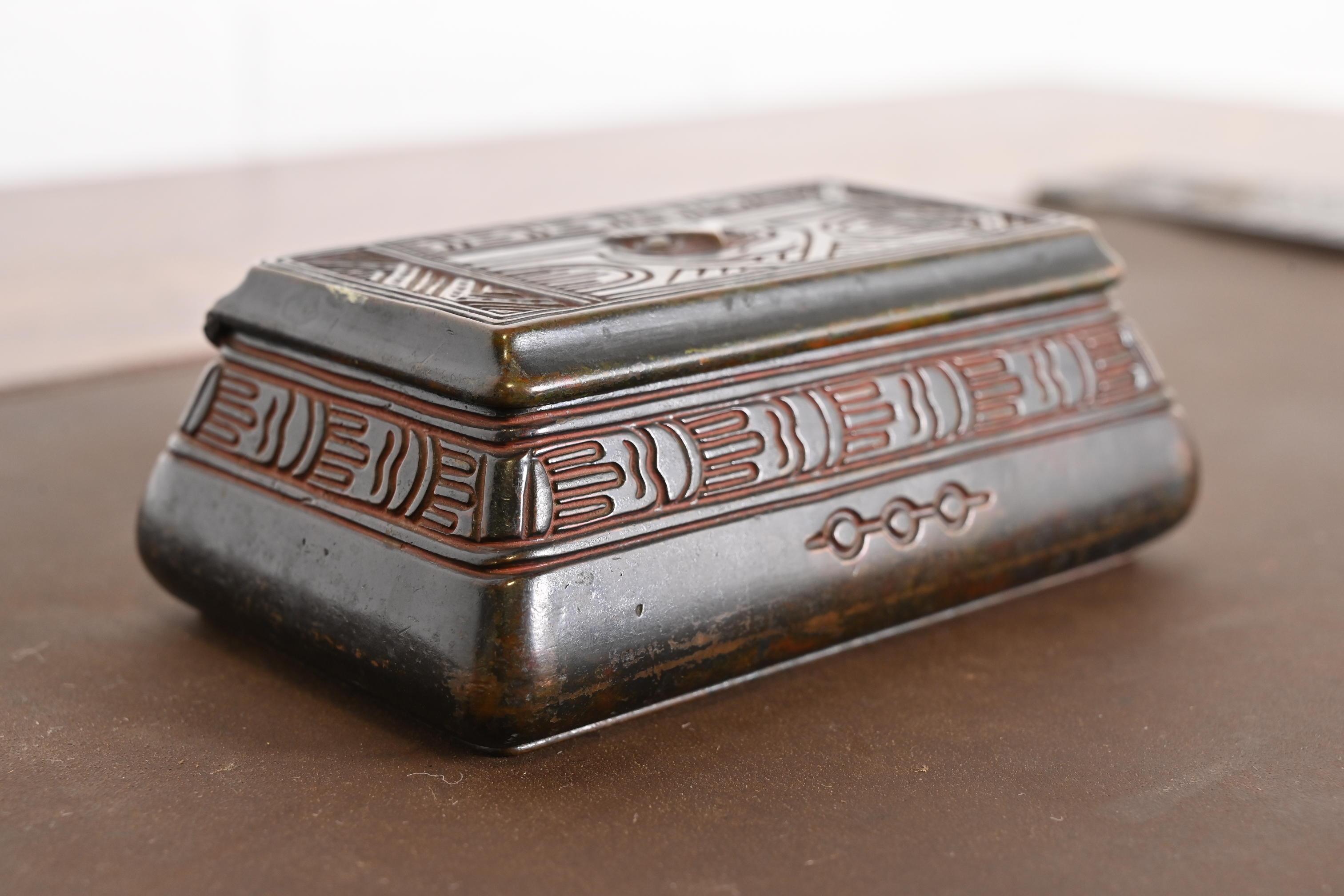 Arts and Crafts Tiffany Studios New York American Indian Patinated Bronze Stamp Box For Sale