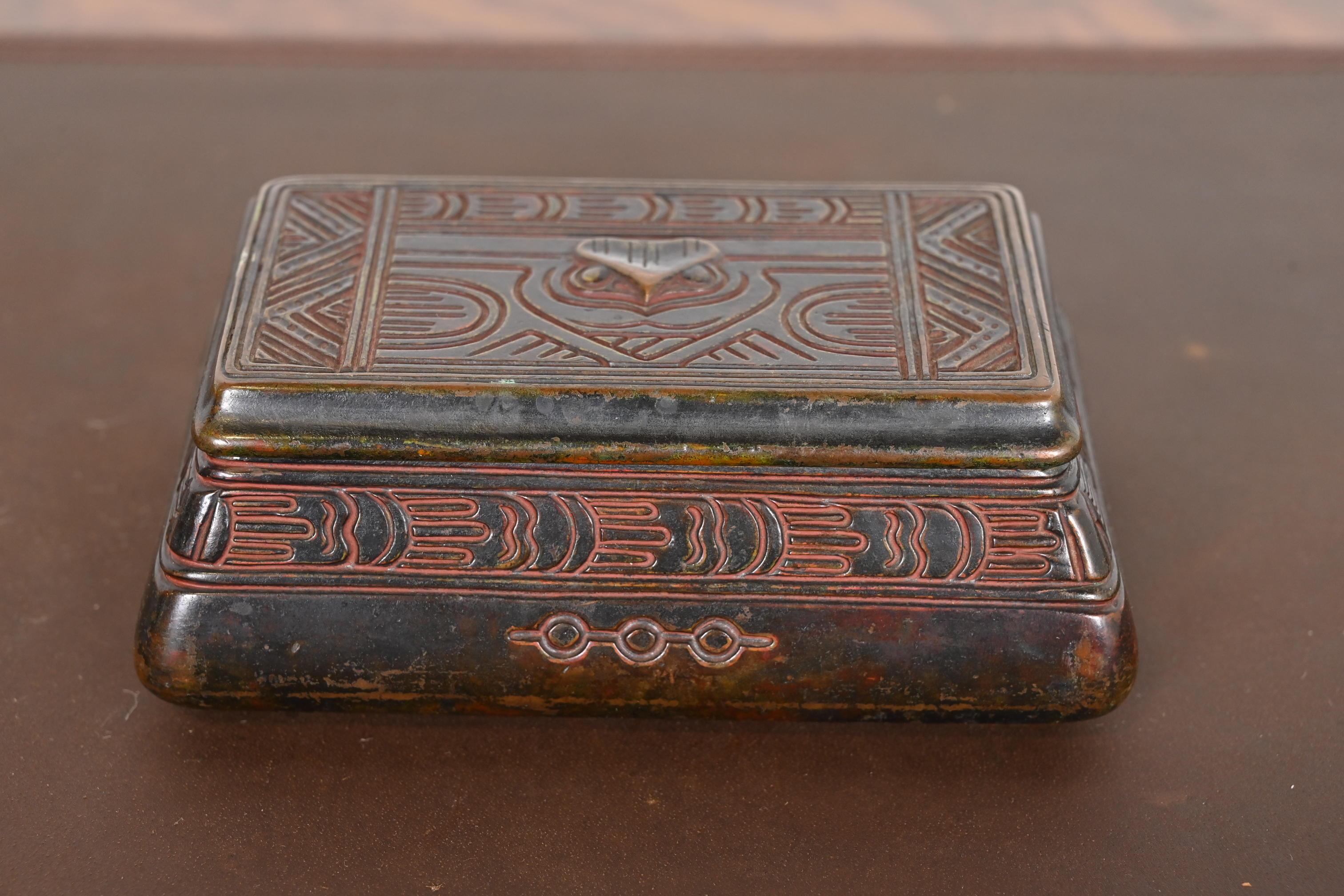 Tiffany Studios New York American Indian Patinated Bronze Stamp Box In Good Condition For Sale In South Bend, IN