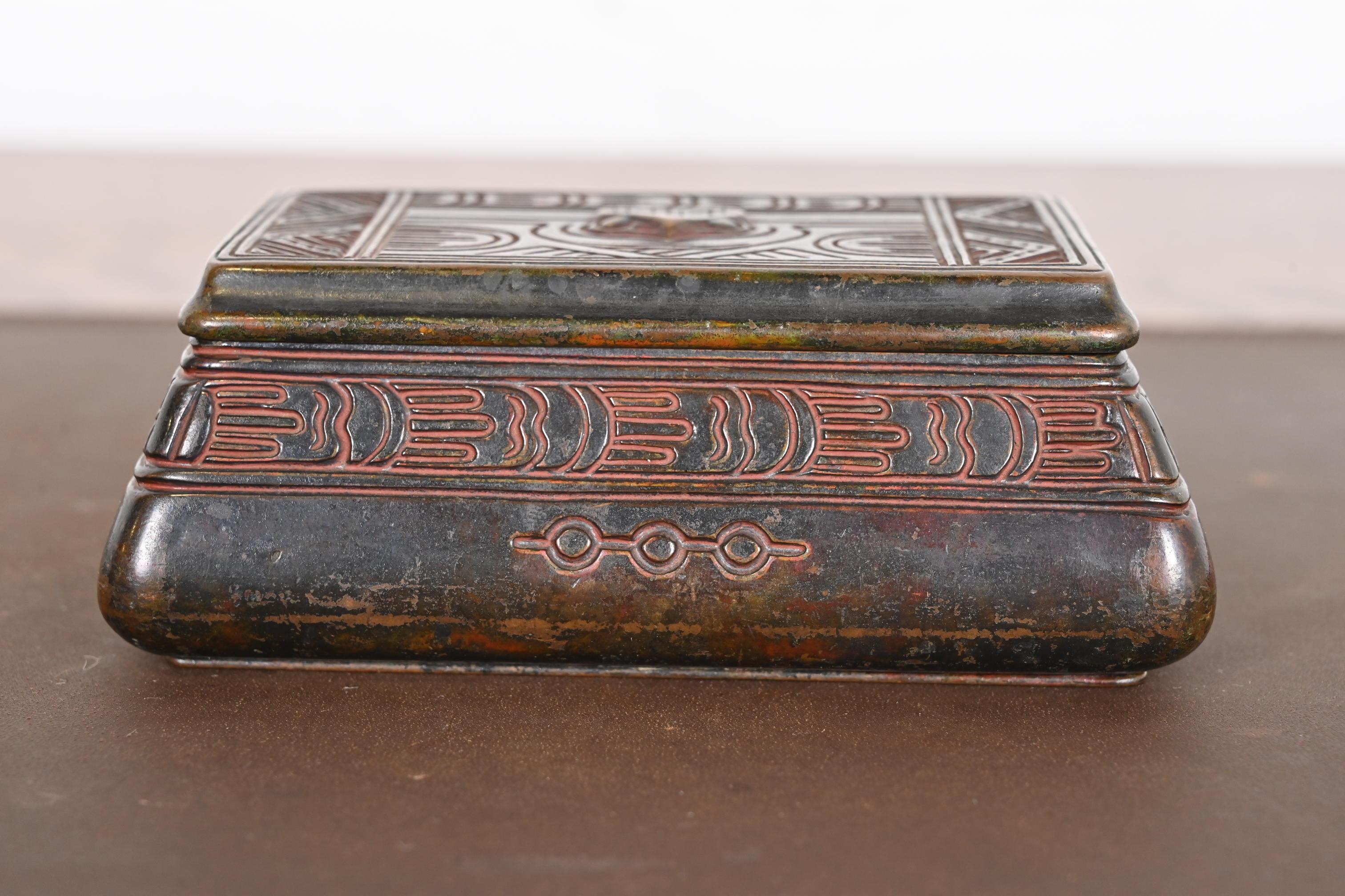 20th Century Tiffany Studios New York American Indian Patinated Bronze Stamp Box For Sale