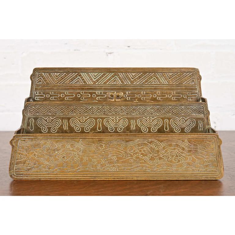 Arts and Crafts Tiffany Studios New York American Indian Pattern Bronze Letter Rack For Sale