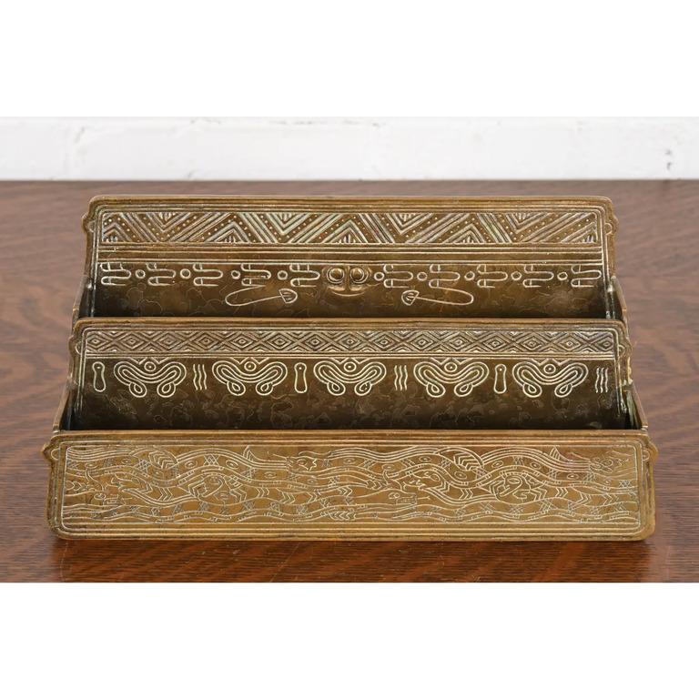 Tiffany Studios New York American Indian Pattern Bronze Letter Rack In Good Condition For Sale In South Bend, IN