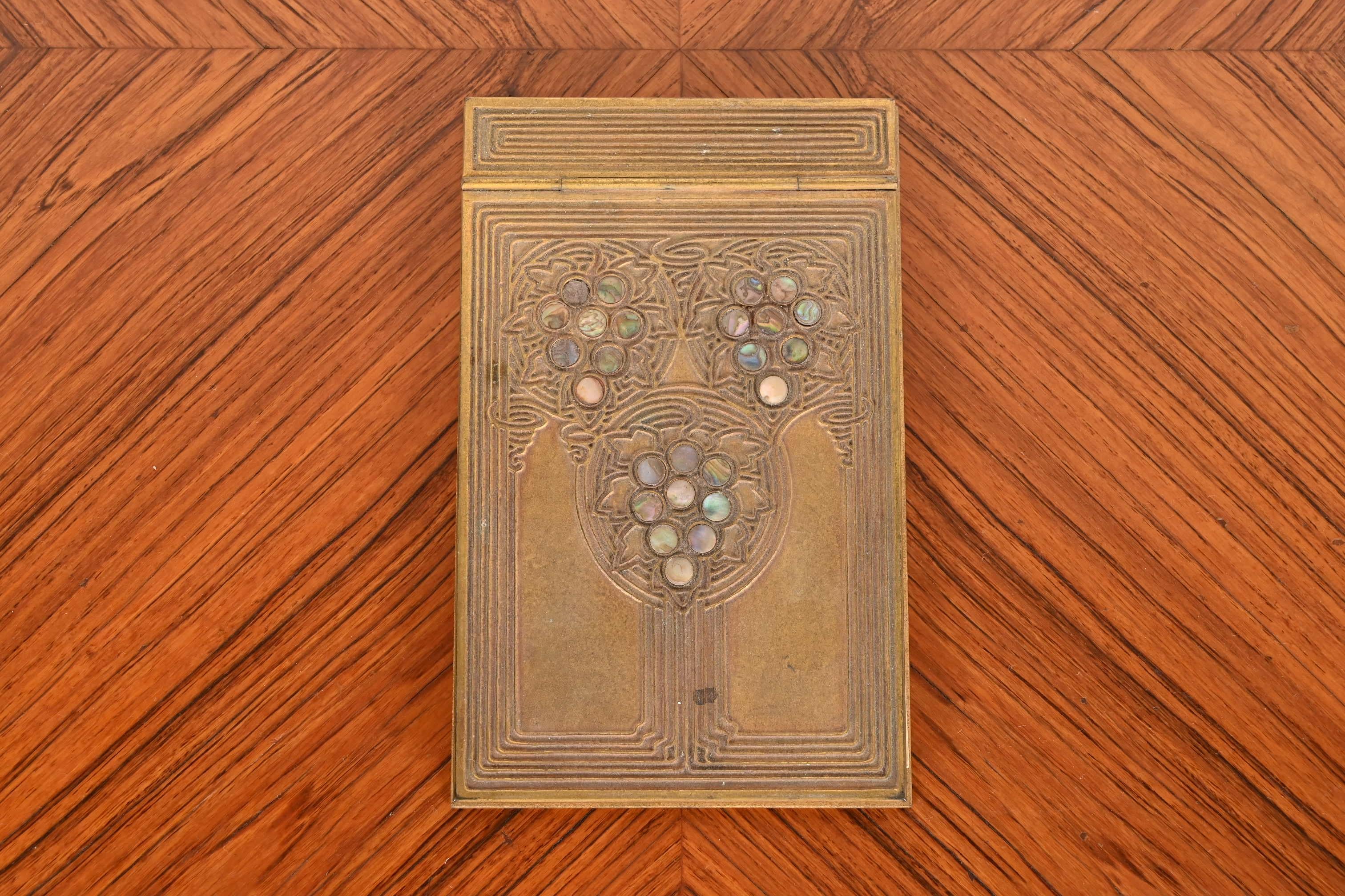 American Tiffany Studios New York Art Deco Bronze Doré and Abalone Notepad Holder For Sale