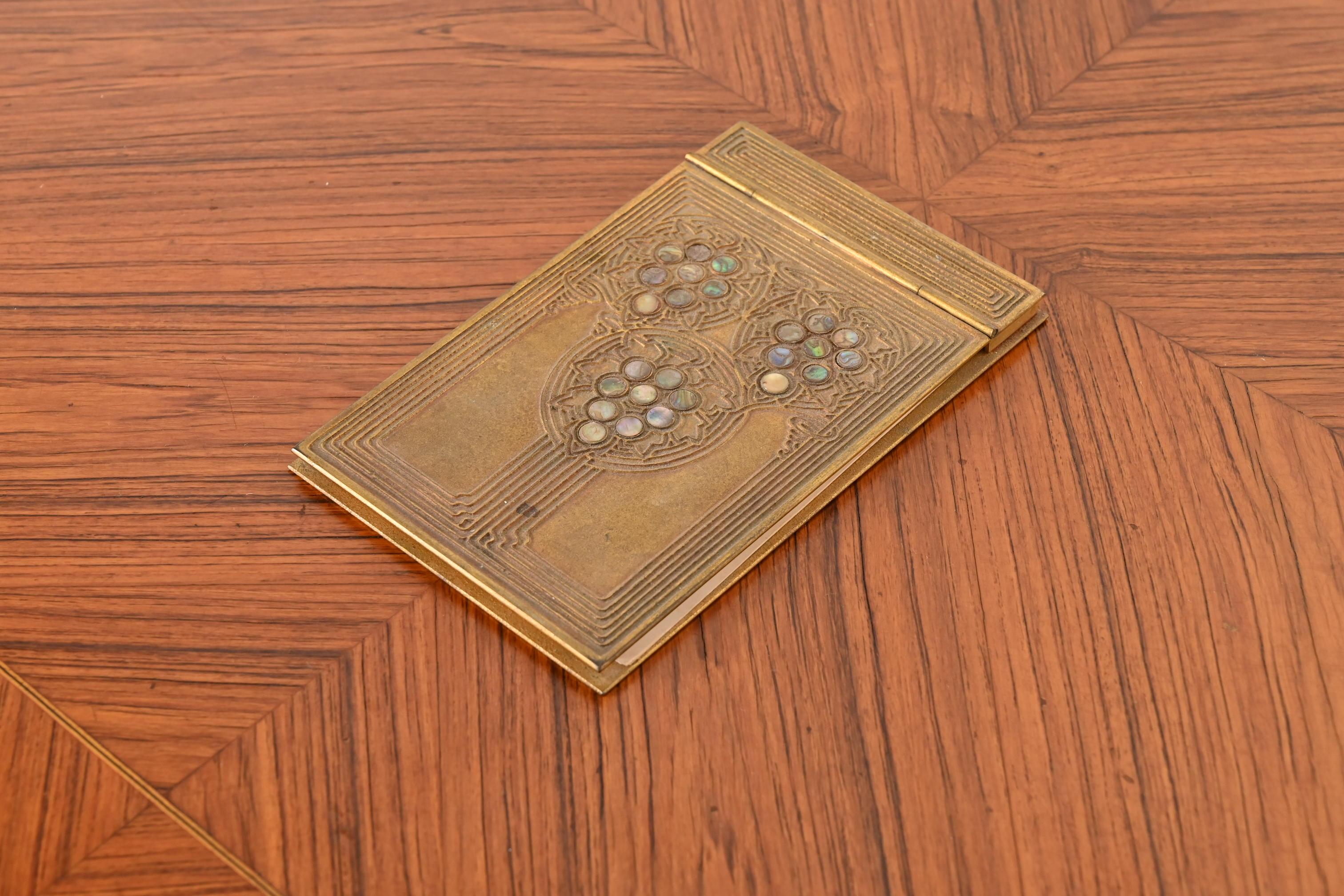 Tiffany Studios New York Art Deco Bronze Doré and Abalone Notepad Holder In Good Condition For Sale In South Bend, IN