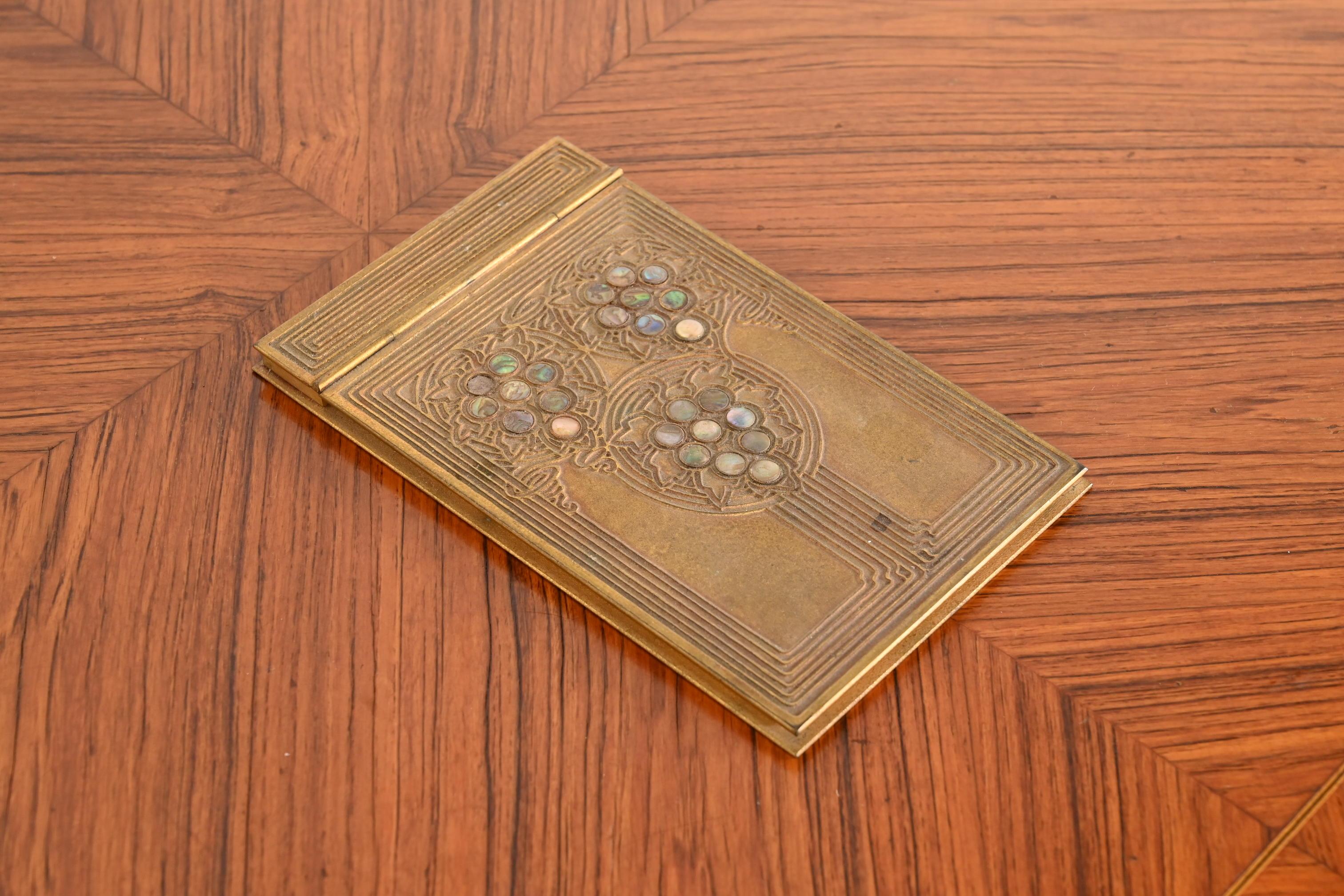 20th Century Tiffany Studios New York Art Deco Bronze Doré and Abalone Notepad Holder For Sale