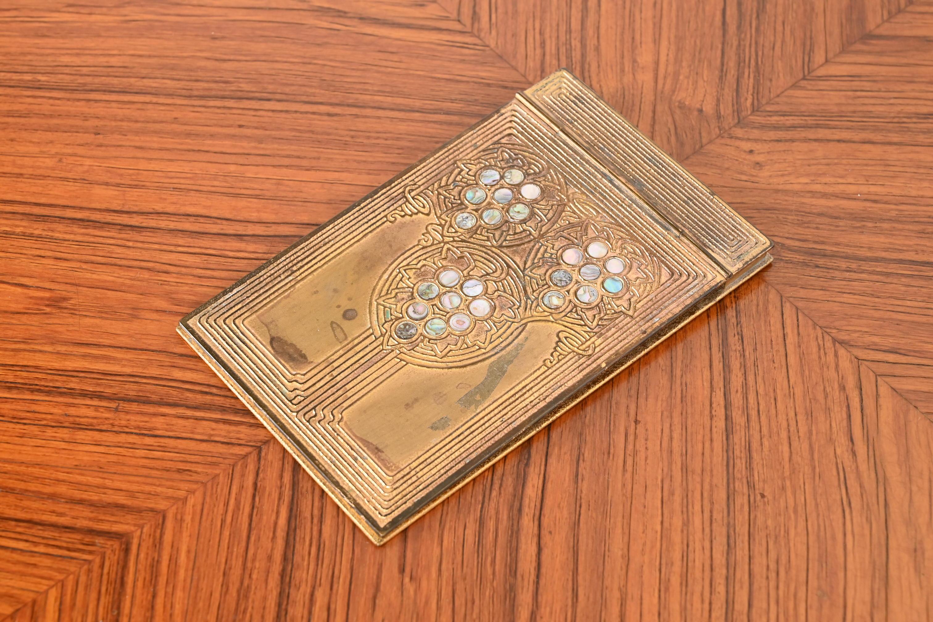 American Tiffany Studios New York Art Deco Bronze Doré and Inlaid Abalone Notepad Holder For Sale