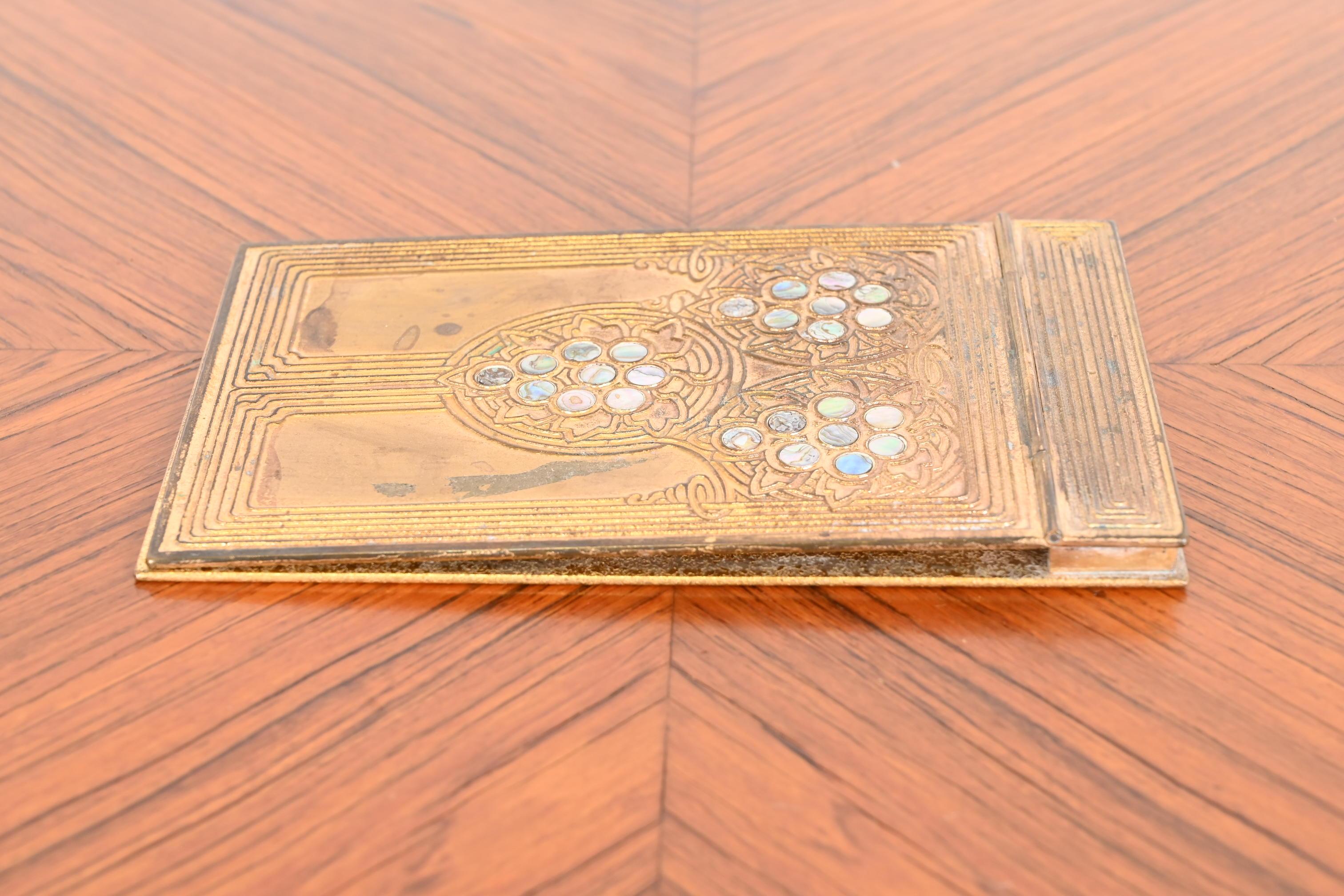 Tiffany Studios New York Art Deco Bronze Doré and Inlaid Abalone Notepad Holder 3