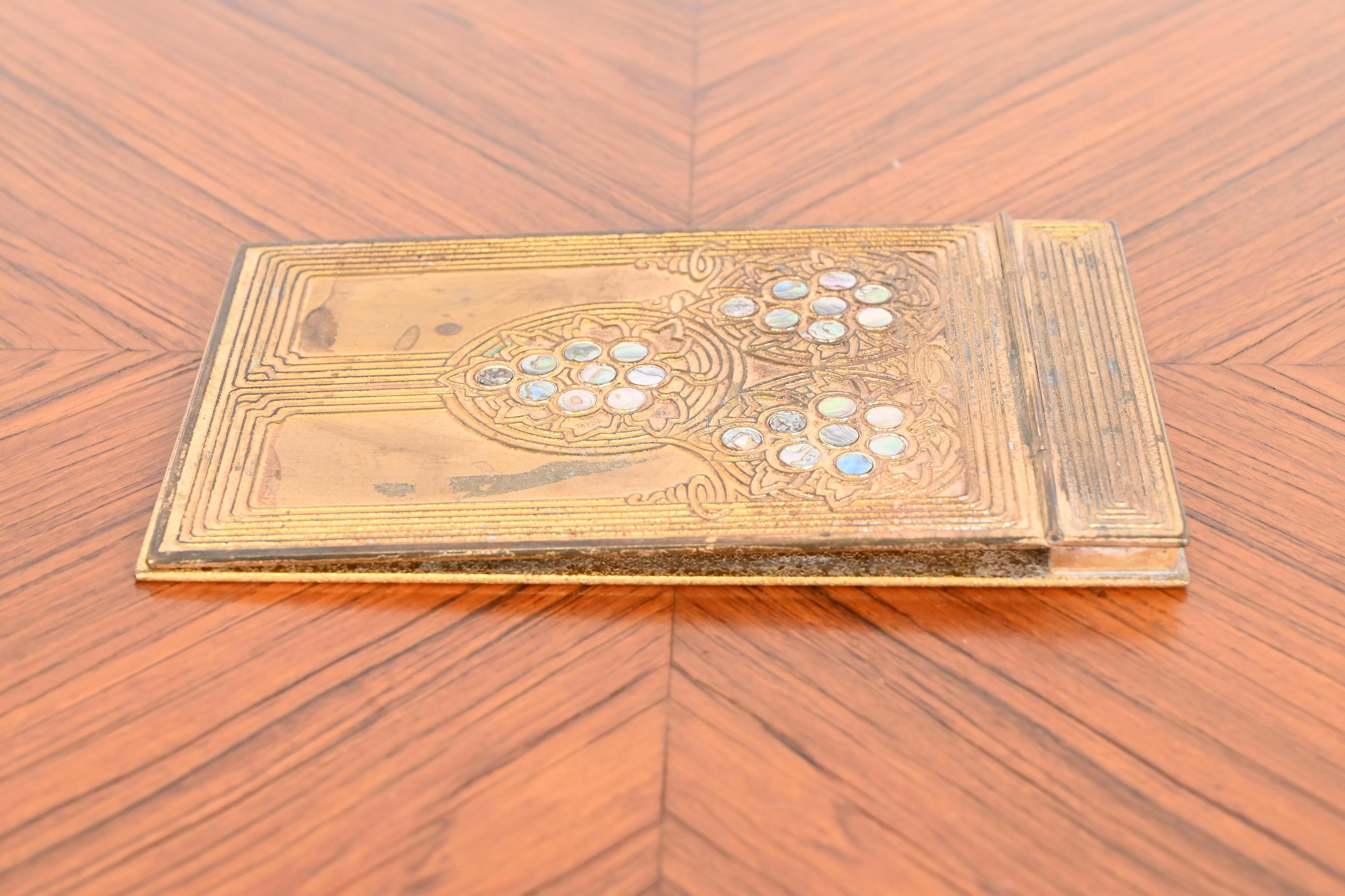 Tiffany Studios New York Art Deco Bronze Doré and Inlaid Abalone Notepad Holder For Sale 3