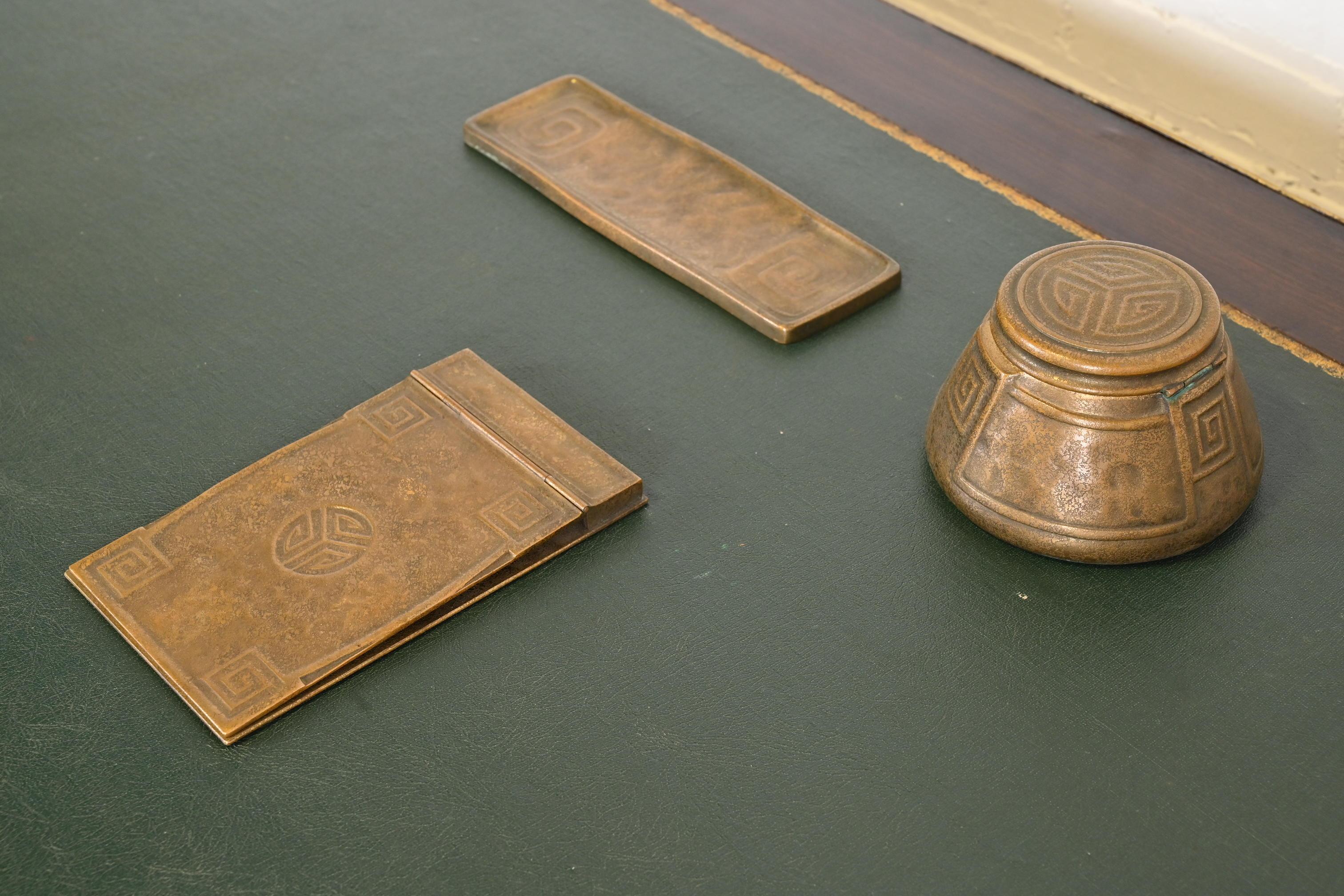 Tiffany Studios New York Art Deco 'Greek Key' Bronze Doré Desk Accessory Set In Good Condition In South Bend, IN
