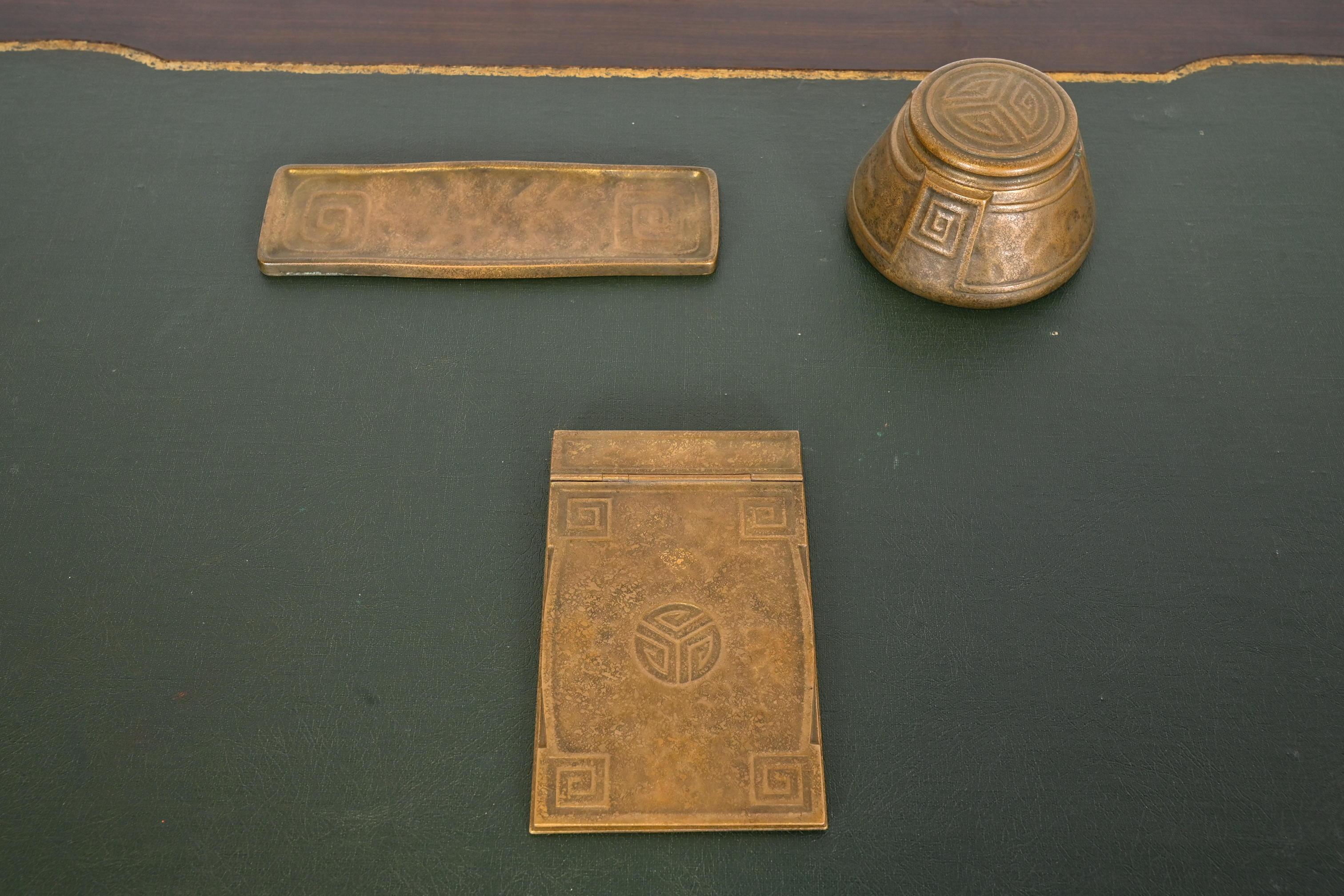20th Century Tiffany Studios New York Art Deco 'Greek Key' Bronze Doré Desk Accessory Set