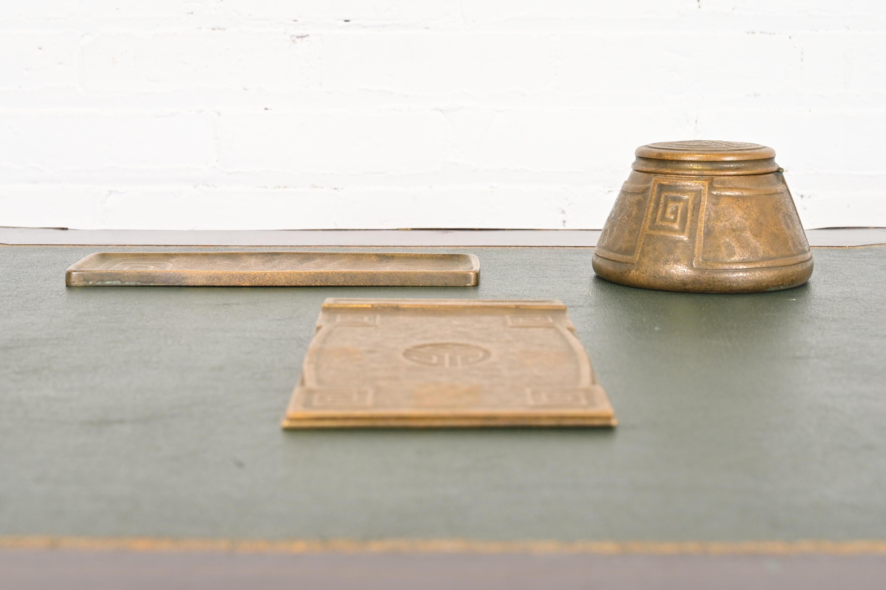 Tiffany Studios New York Art Deco 'Greek Key' Bronze Doré Desk Accessory Set 1
