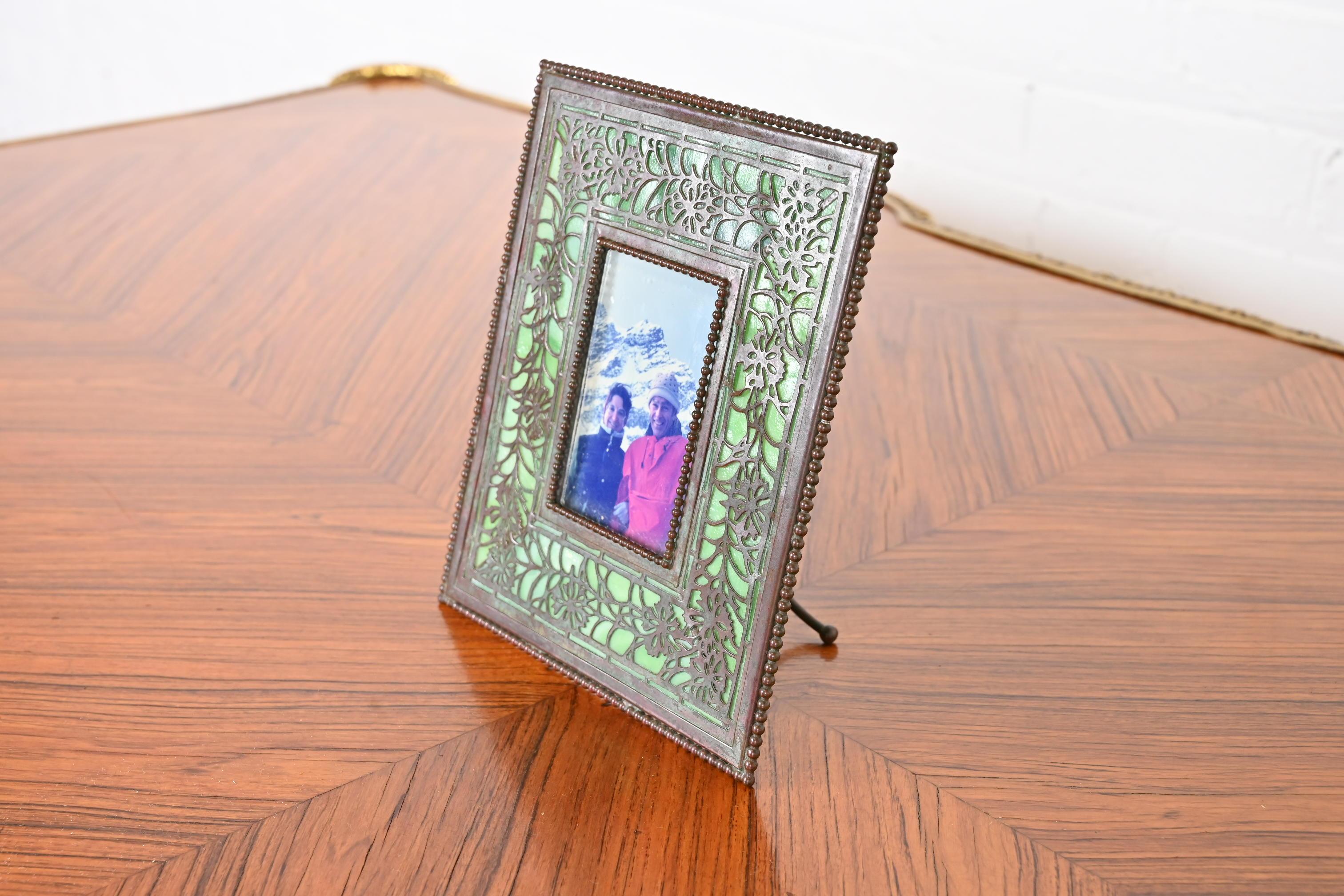 American Tiffany Studios New York Art Nouveau Bronze and Slag Glass Picture Frame