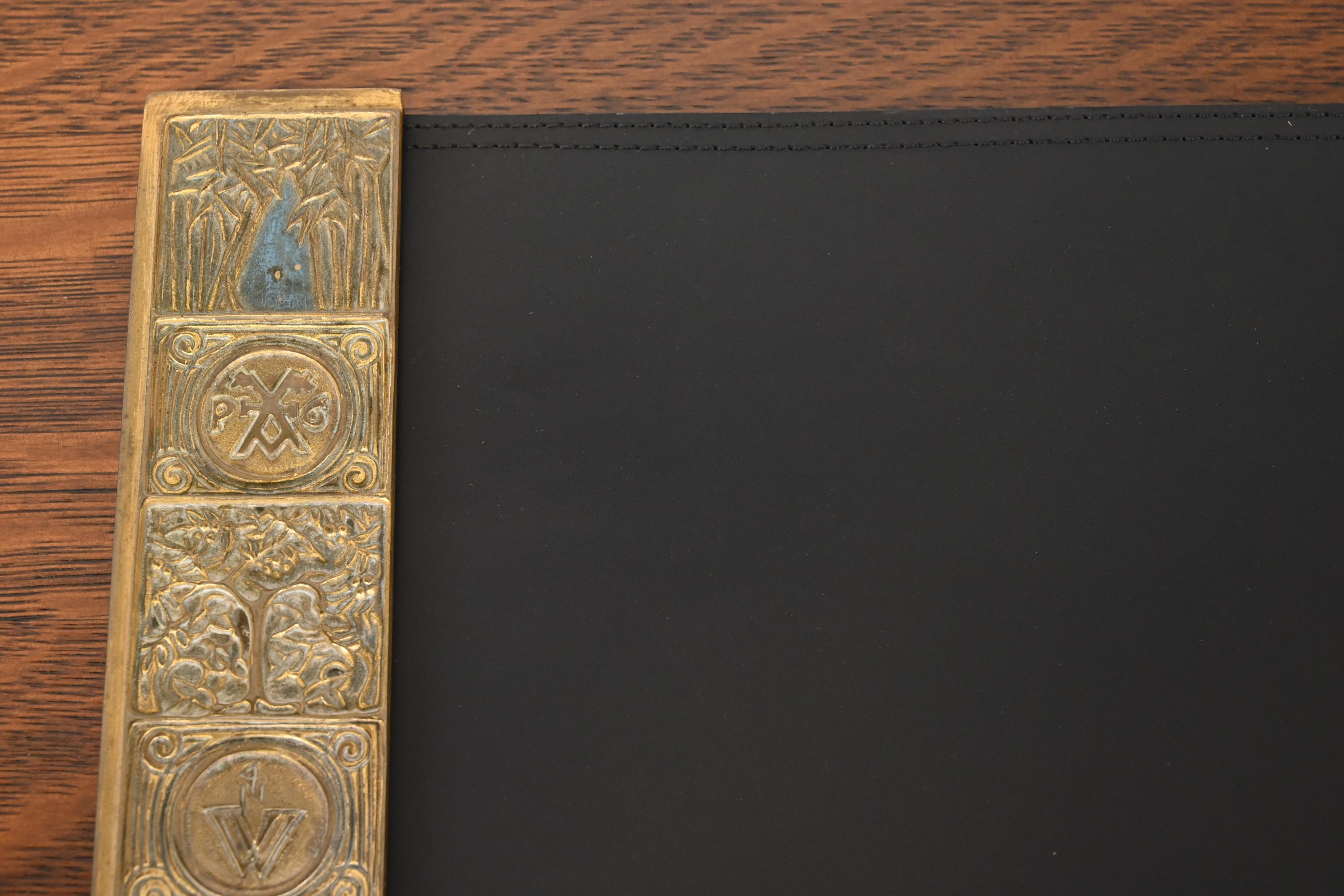 20th Century Tiffany Studios New York Bookmark Bronze Doré Blotter Ends With Leather Blotter For Sale