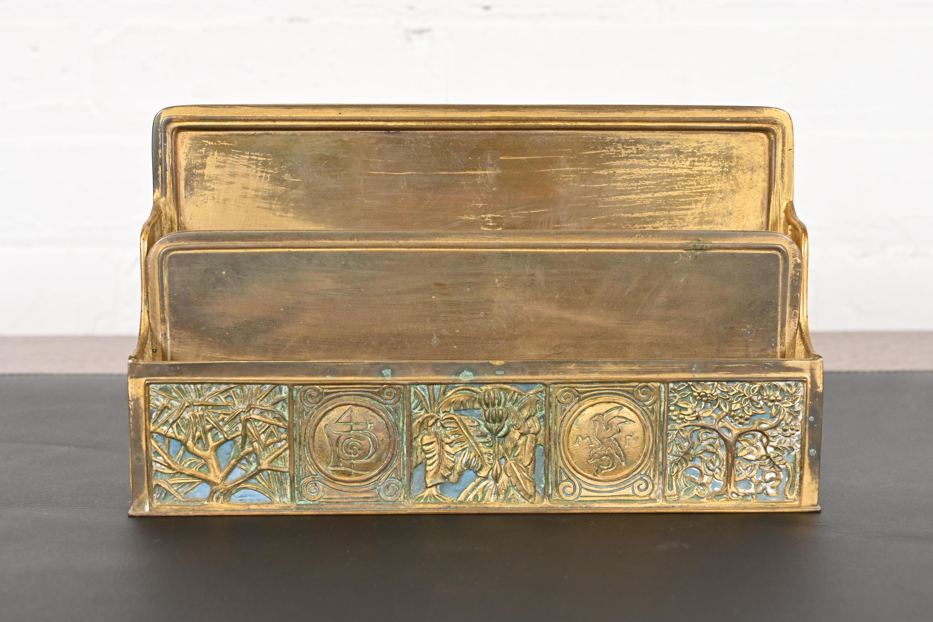 Art Deco Tiffany Studios New York Bookmark Pattern Bronze Doré Letter Rack For Sale