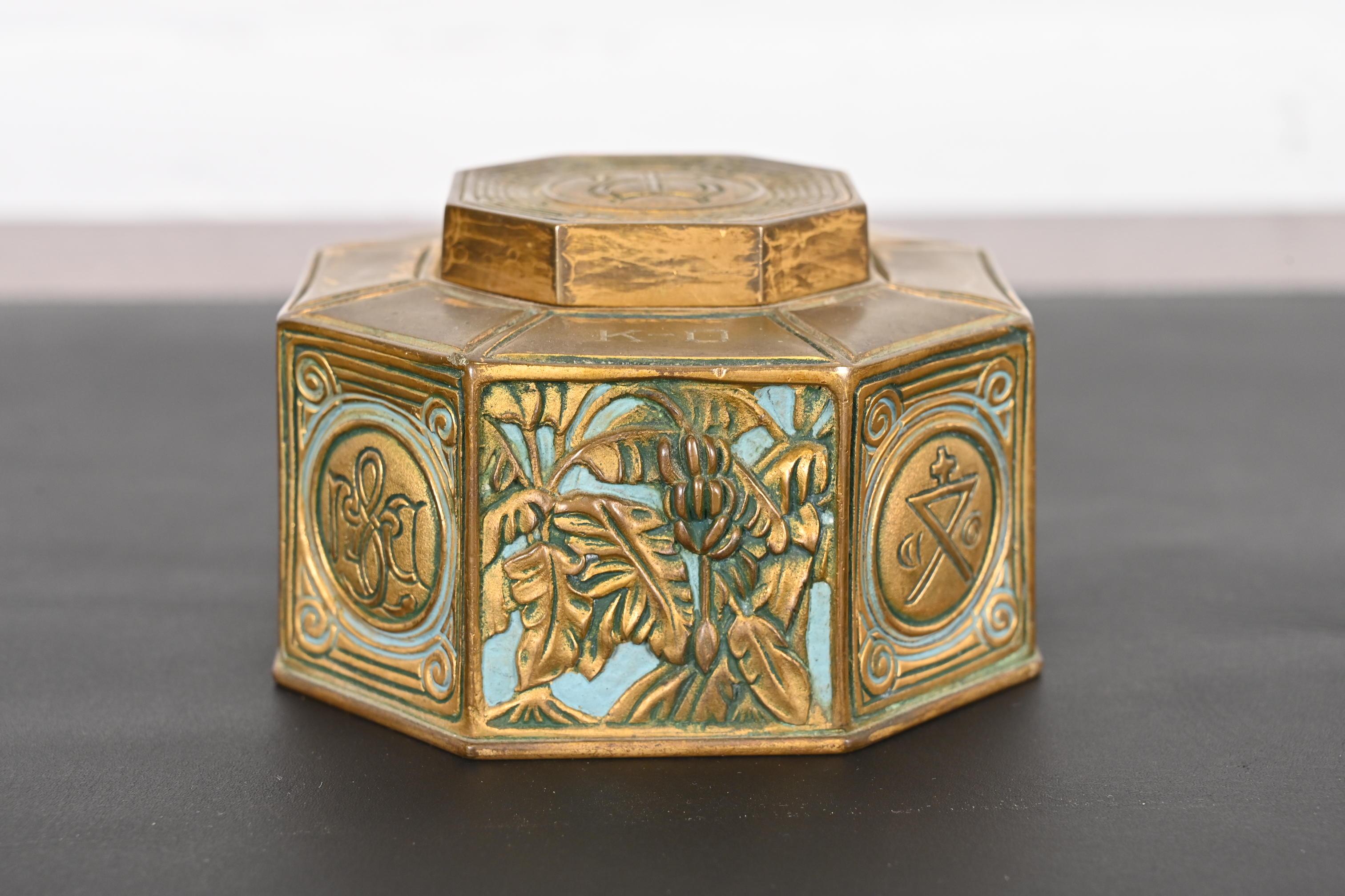 Art Deco Tiffany Studios New York Bookmark Pattern Bronze Inkwell For Sale