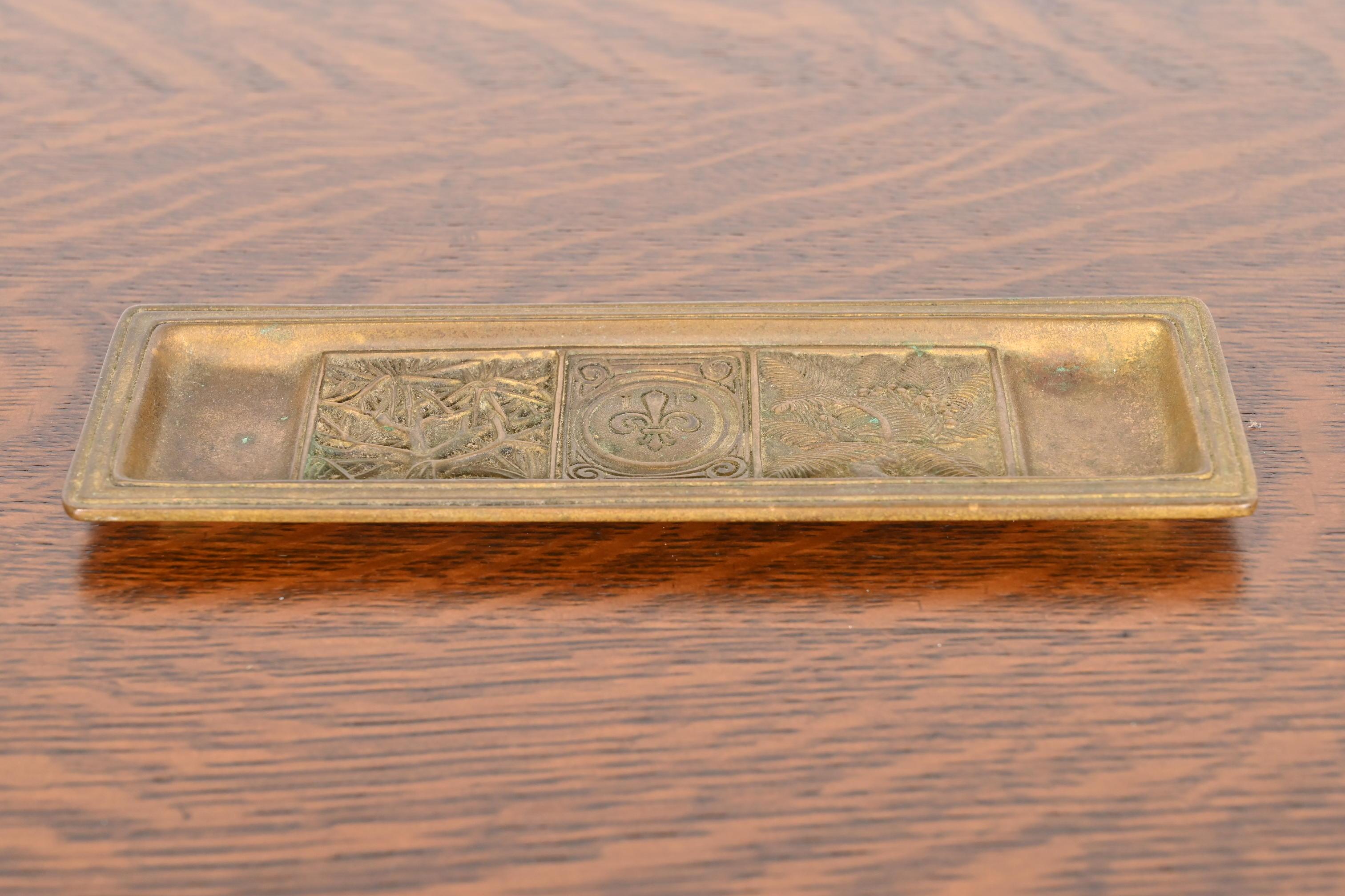 Arts and Crafts Tiffany Studios New York Bookmark Pattern Bronze Pen Tray For Sale