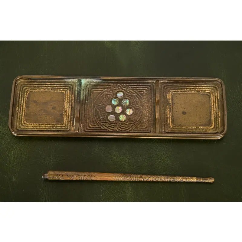 Tiffany Studios New York Bronze and Abalone Pen Tray With Pen For Sale