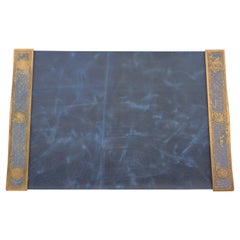 Antique Tiffany Studios New York Bronze and Enamel Blotter Ends With Leather Desk Pad