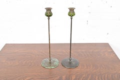 Tiffany Studios New York Bronze and Green Favrile Glass Puddle Candlesticks