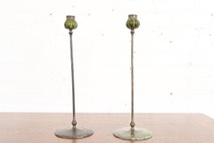 Tiffany Studios New York Bronze and Green Favrile Glass Puddle Candlesticks