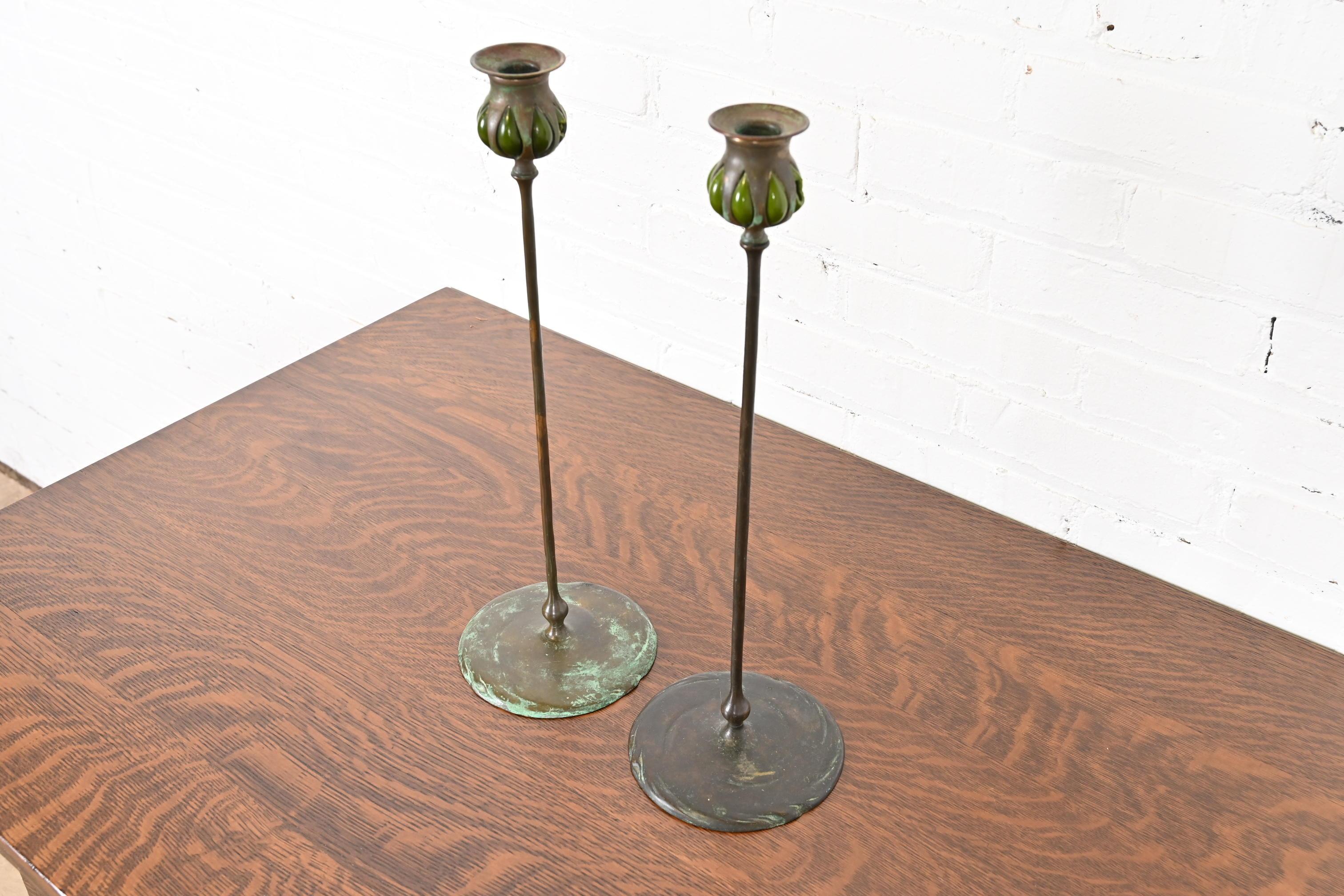 Arts and Crafts Tiffany Studios New York Bronze and Green Favrile Glass Puddle Candlesticks