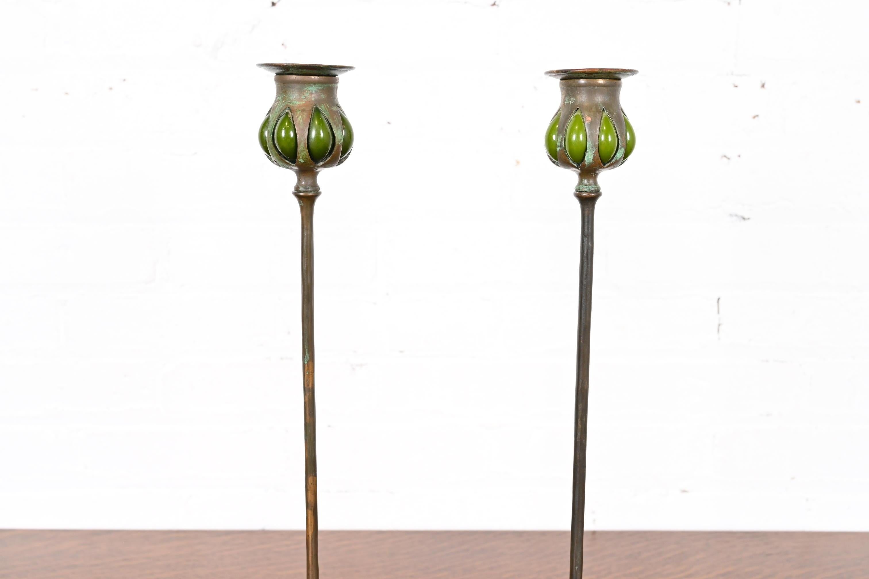American Tiffany Studios New York Bronze and Green Favrile Glass Puddle Candlesticks
