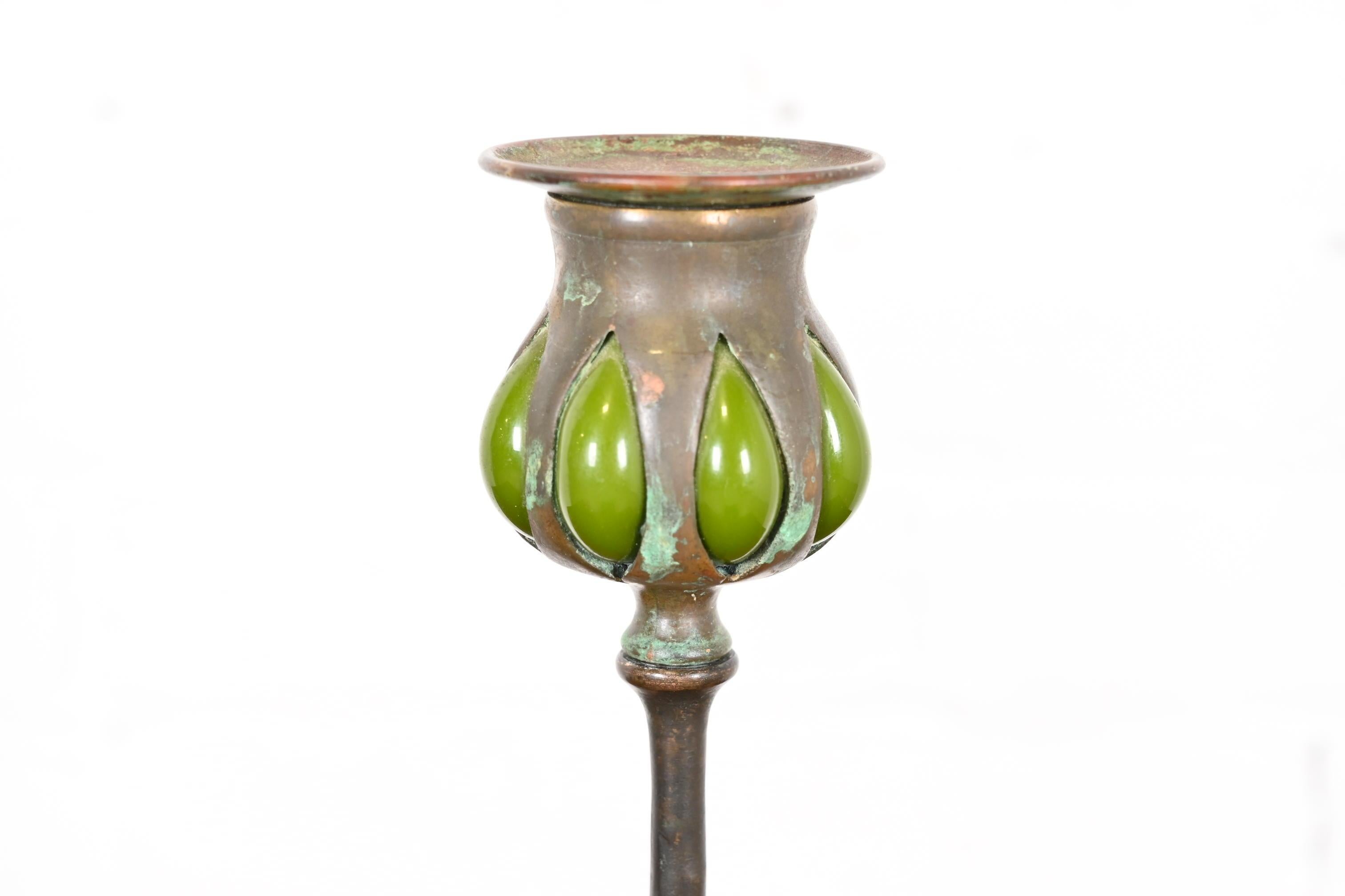 Tiffany Studios New York Bronze and Green Favrile Glass Puddle Candlesticks In Good Condition In South Bend, IN