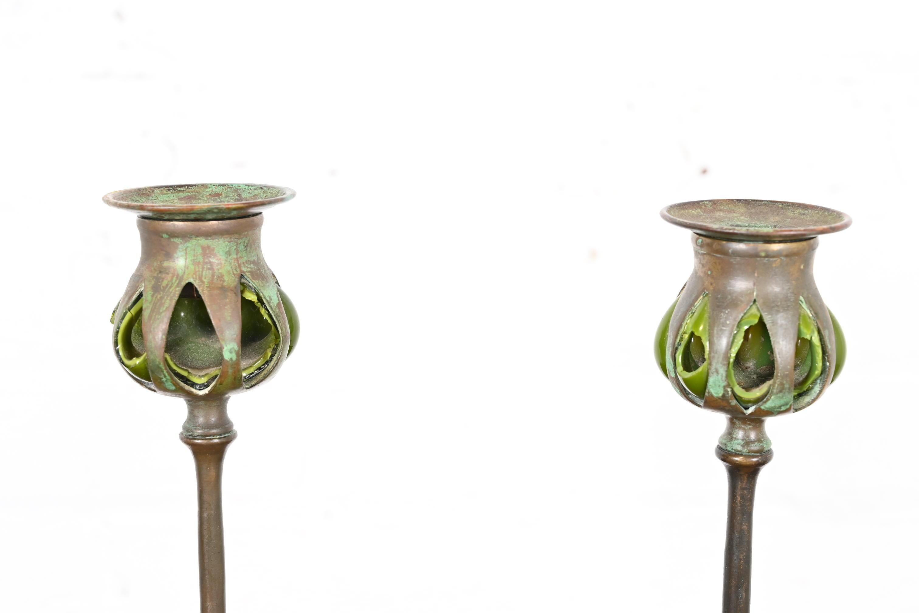 20th Century Tiffany Studios New York Bronze and Green Favrile Glass Puddle Candlesticks