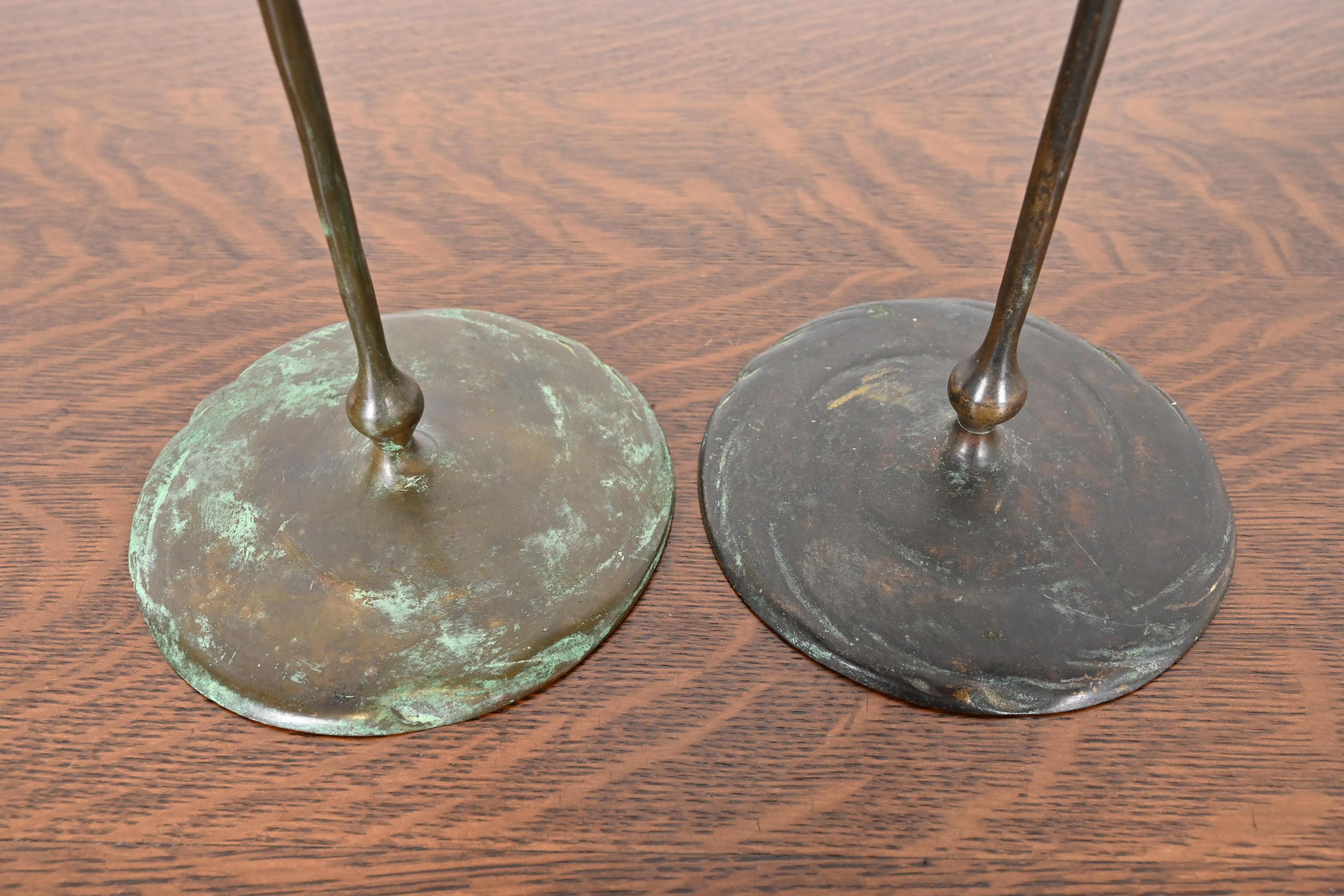 Tiffany Studios New York Bronze and Green Favrile Glass Puddle Candlesticks 2