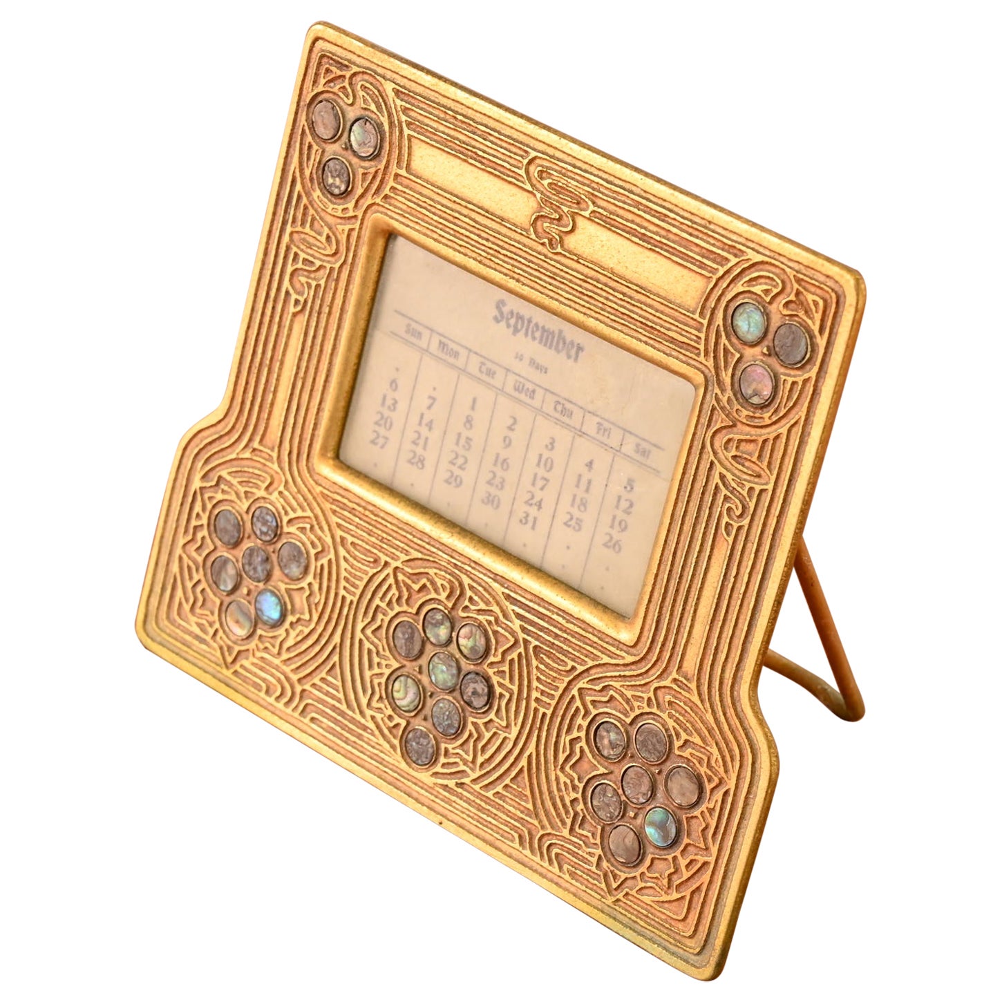 Tiffany Studios New York Bronze Doré and Abalone Calendar Frame