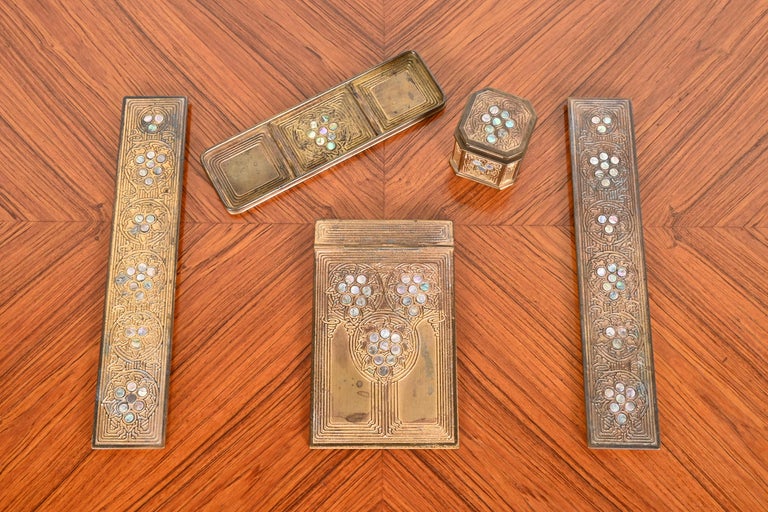 Tiffany Studios New York Bronze Doré and Abalone FivePiece Desk