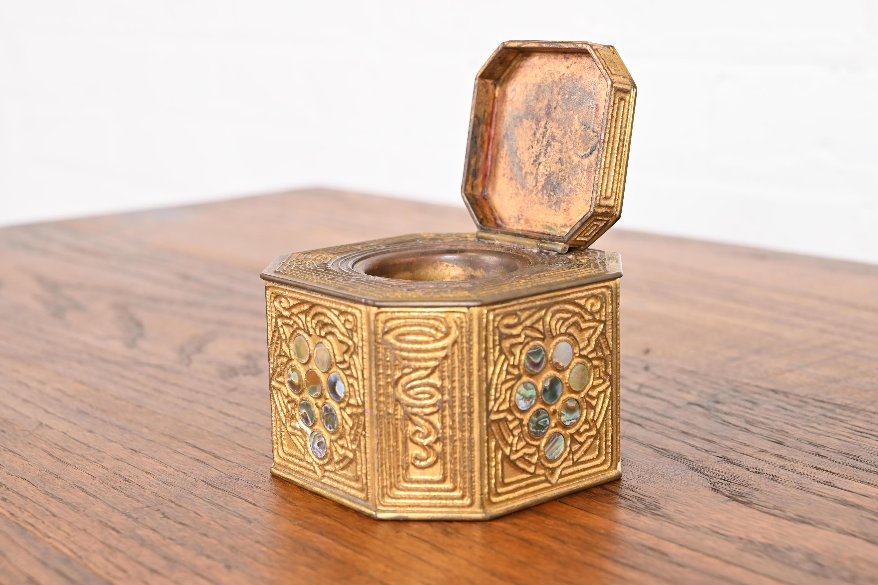 Tiffany Studios New York Bronze Doré and Abalone Inkwell For Sale 5