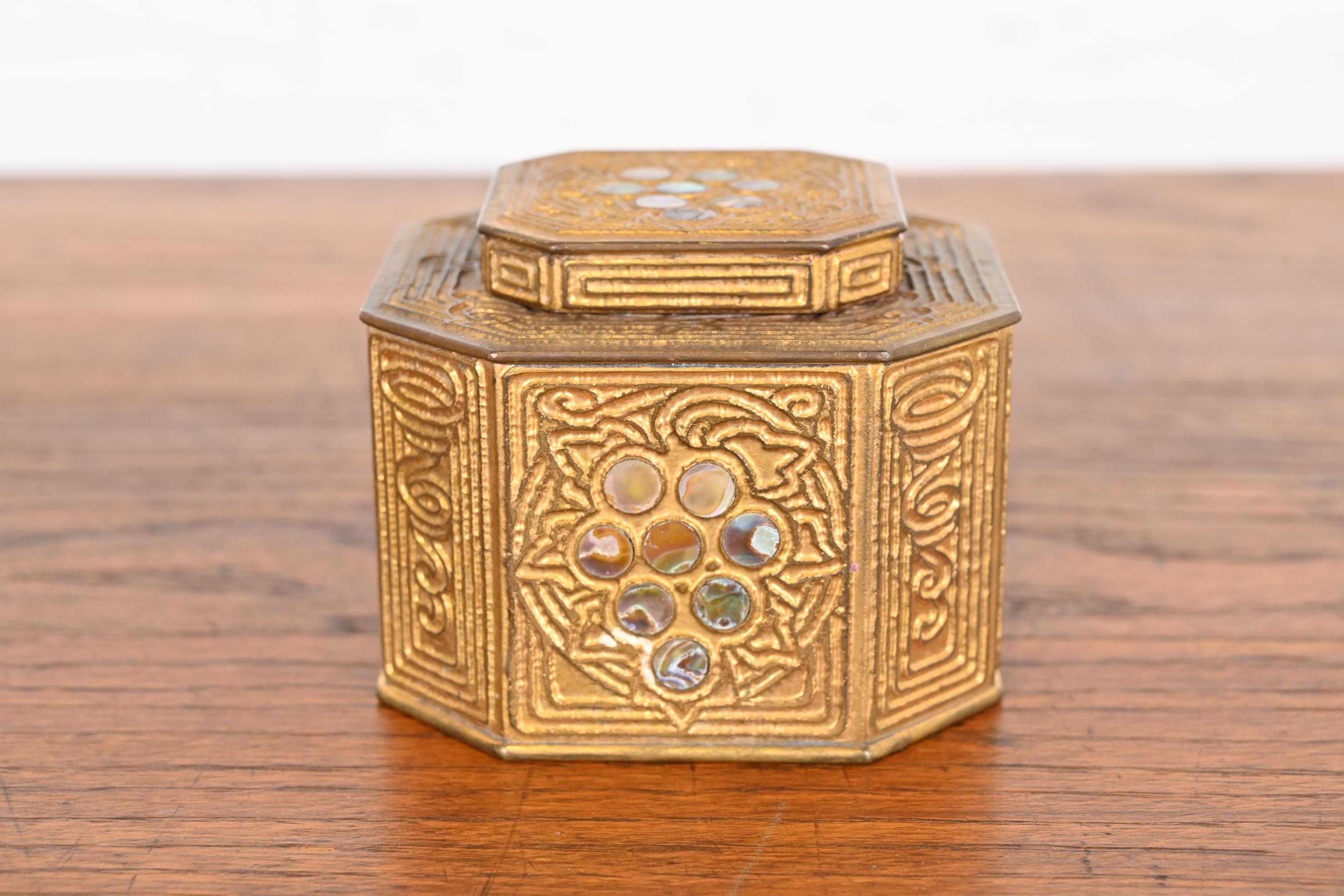 Tiffany Studios New York Bronze Doré and Abalone Inkwell In Good Condition For Sale In South Bend, IN