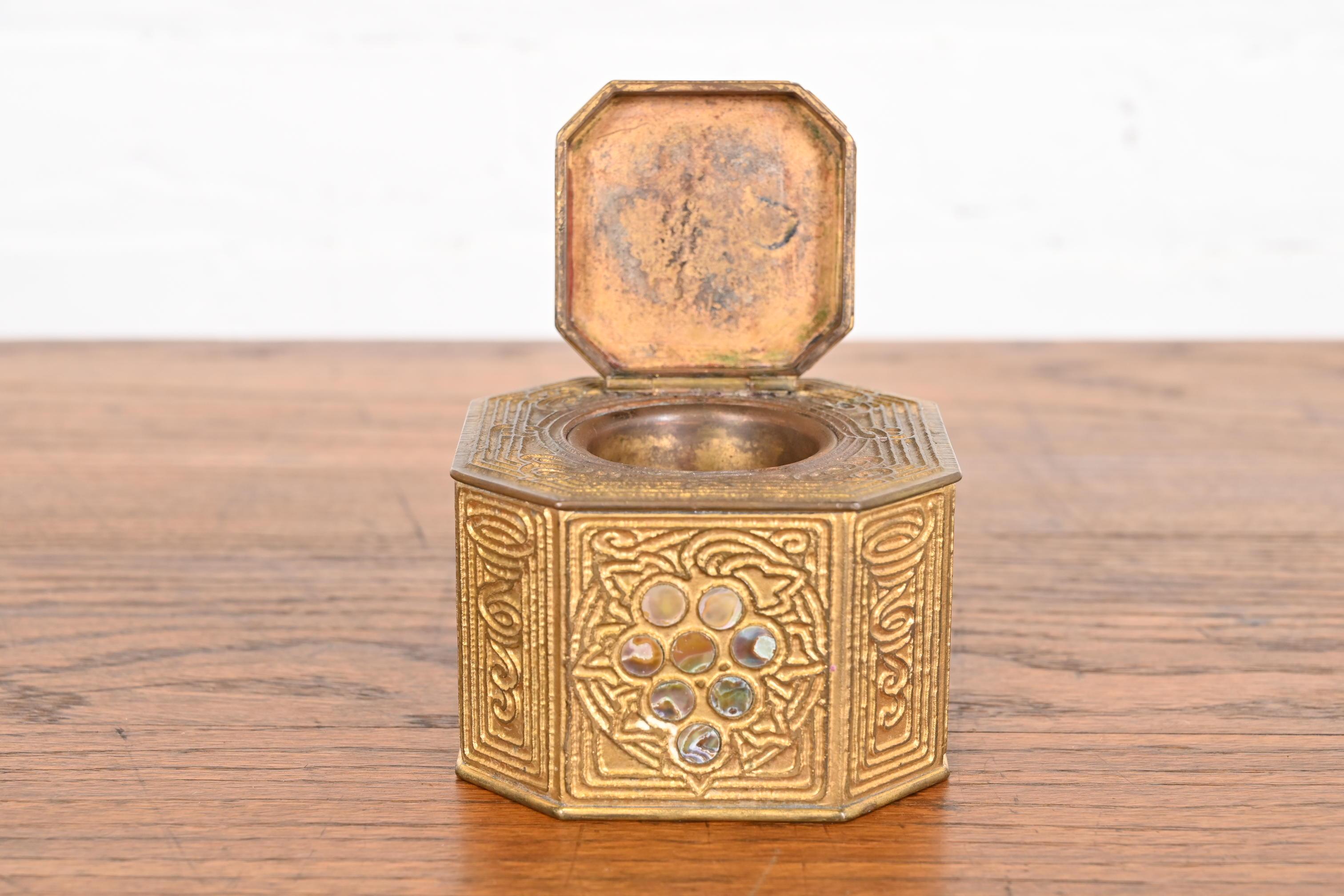 Tiffany Studios New York Bronze Doré and Abalone Inkwell For Sale 2