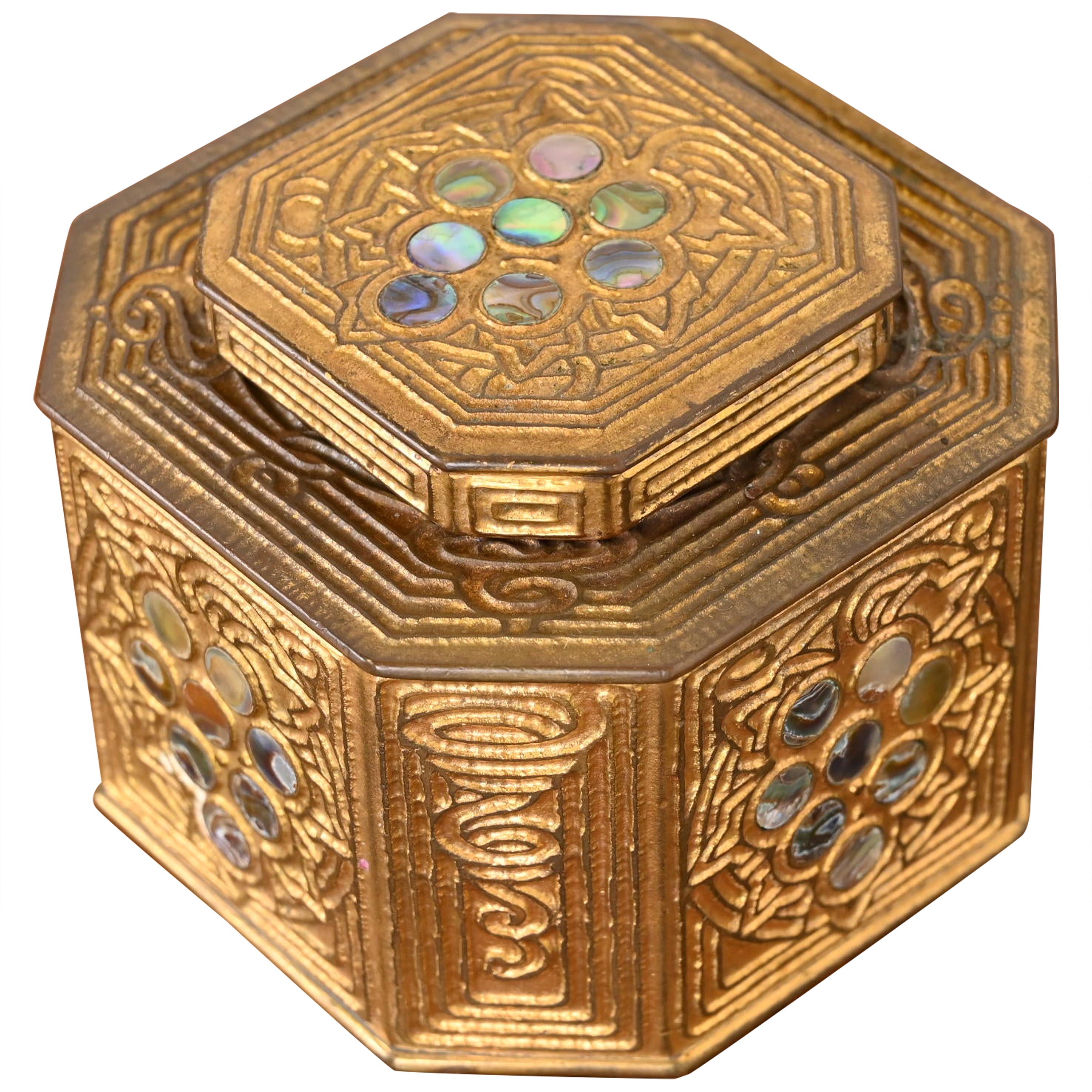 Tiffany Studios New York Bronze Doré and Abalone Inkwell