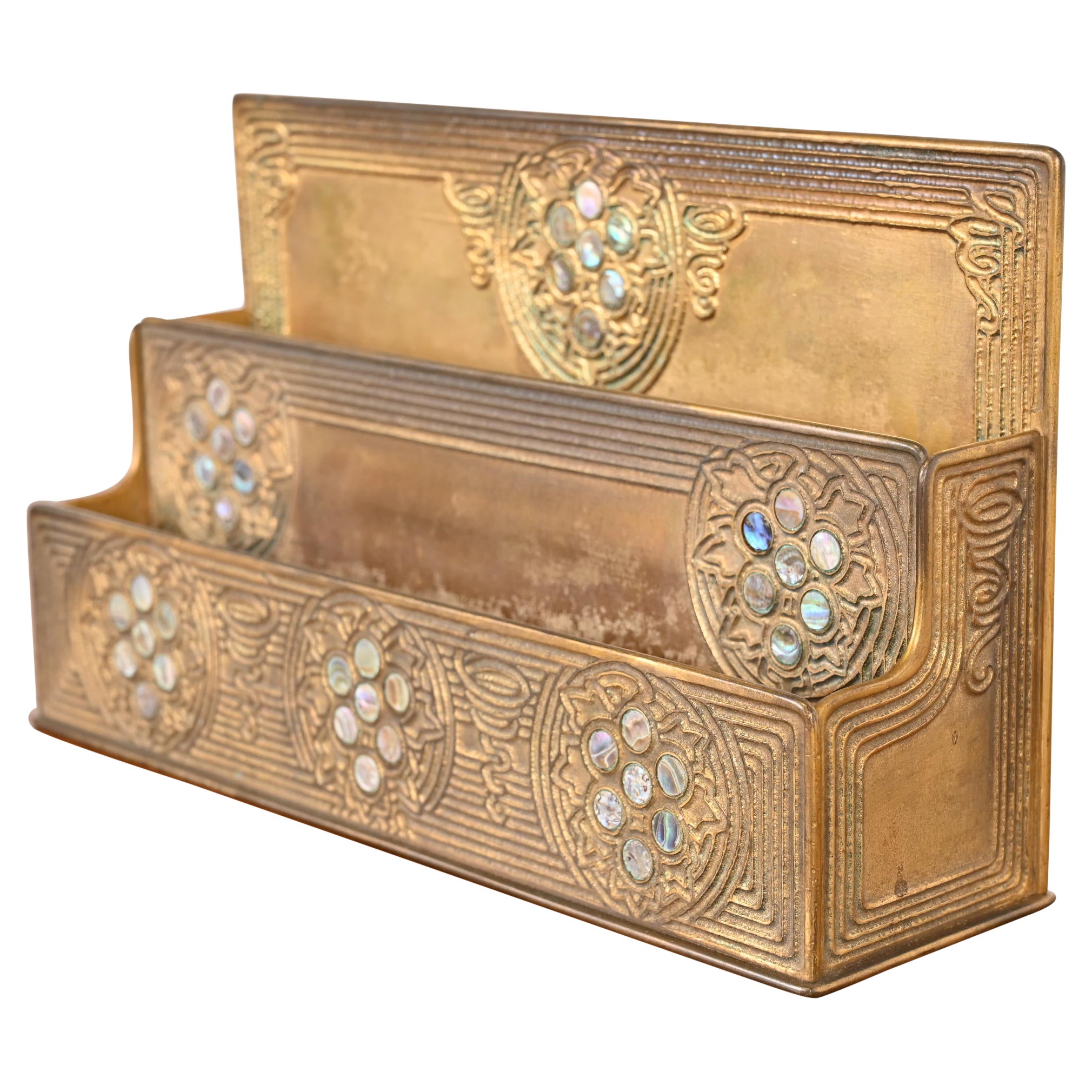 Tiffany Studios New York Bronze Doré and Abalone Letter Rack