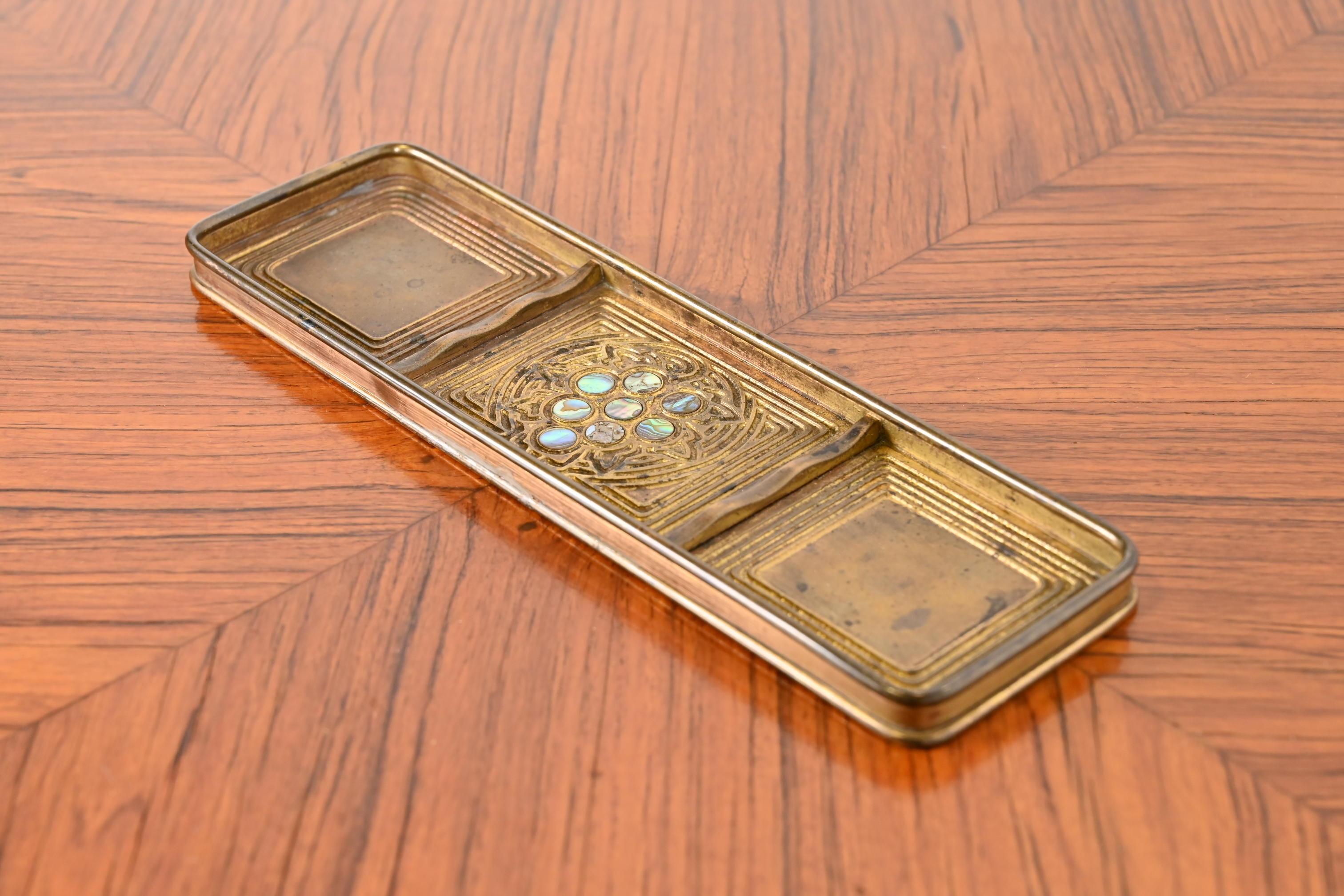 Tiffany Studios New York Bronze Doré and Abalone Pen Tray, circa 1910 In Good Condition For Sale In South Bend, IN