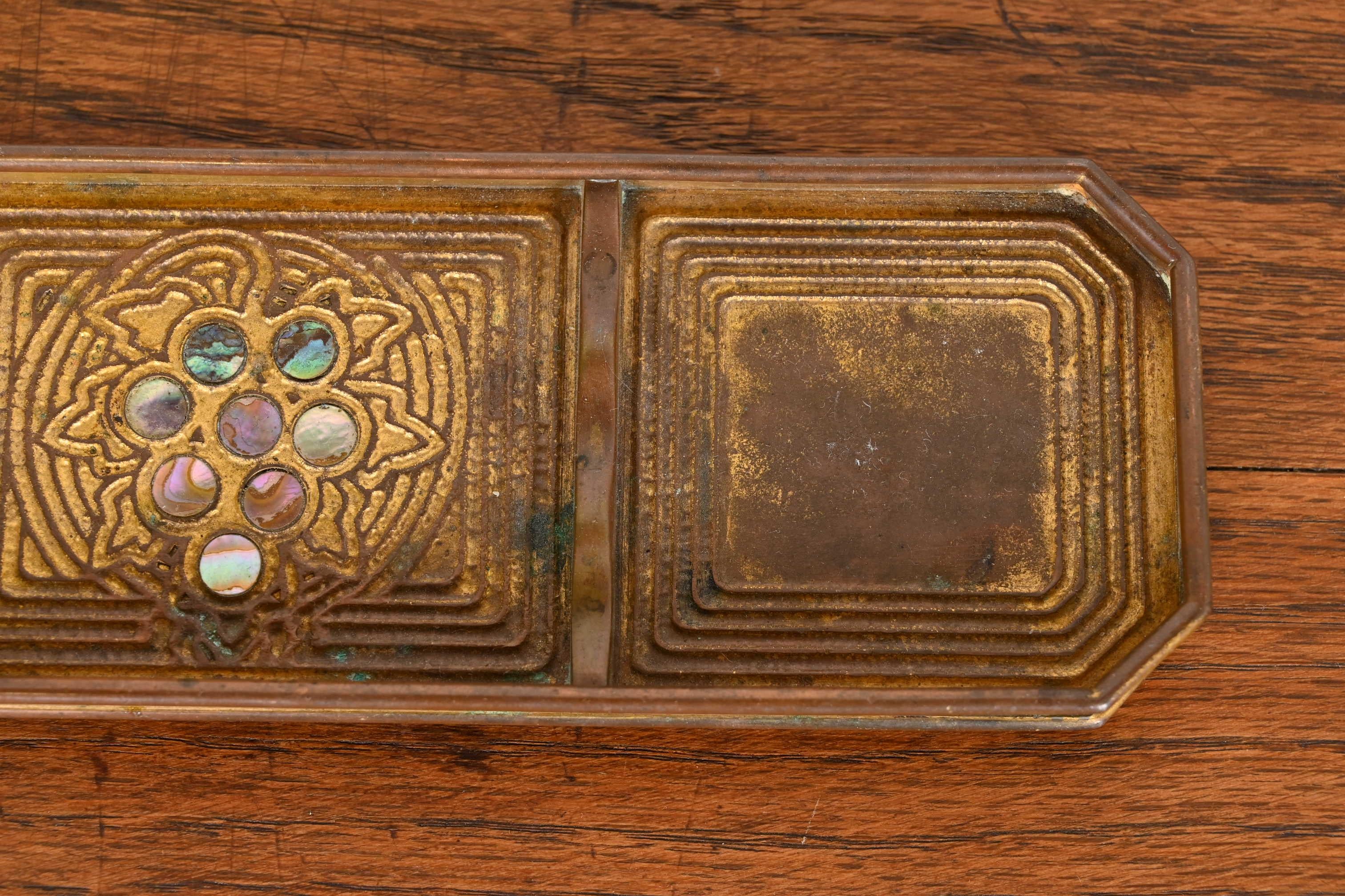 Tiffany Studios New York Bronze Doré and Abalone Pen Tray For Sale 4