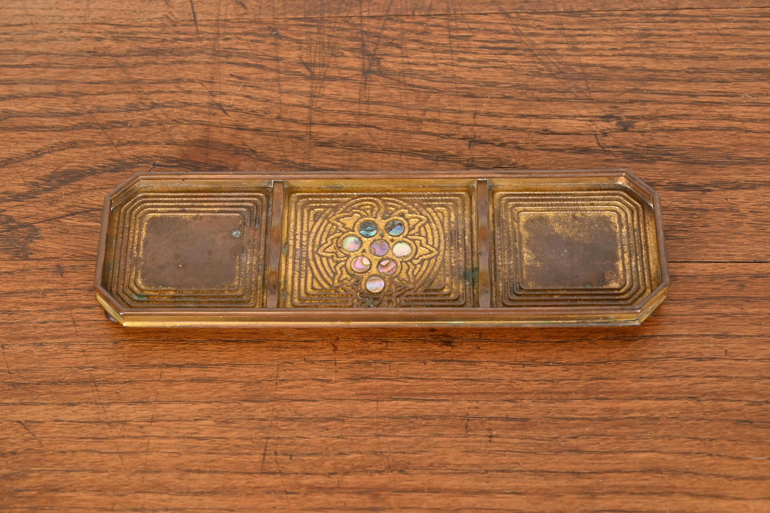 American Tiffany Studios New York Bronze Doré and Abalone Pen Tray For Sale