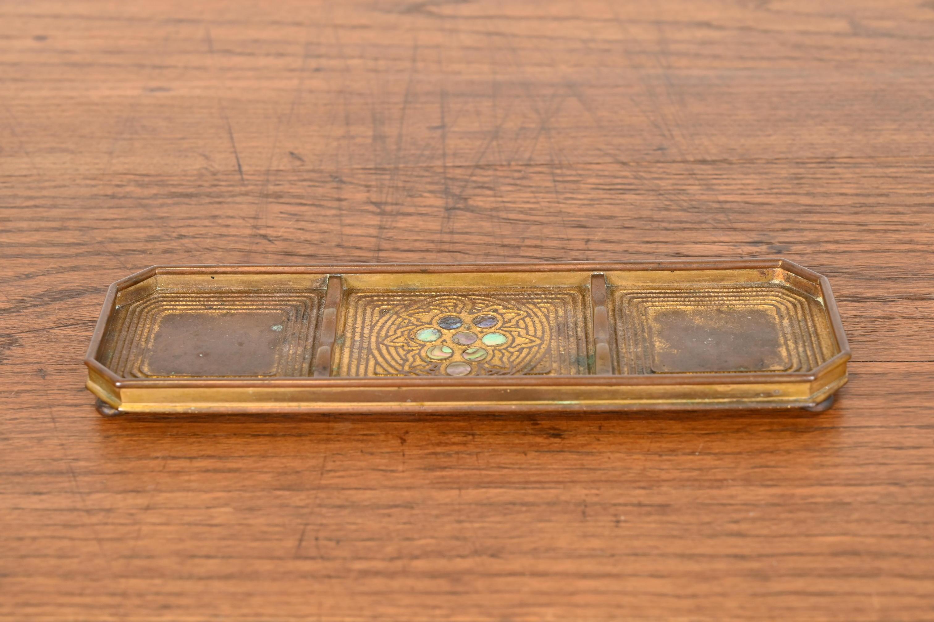Tiffany Studios New York Bronze Doré and Abalone Pen Tray In Good Condition For Sale In South Bend, IN